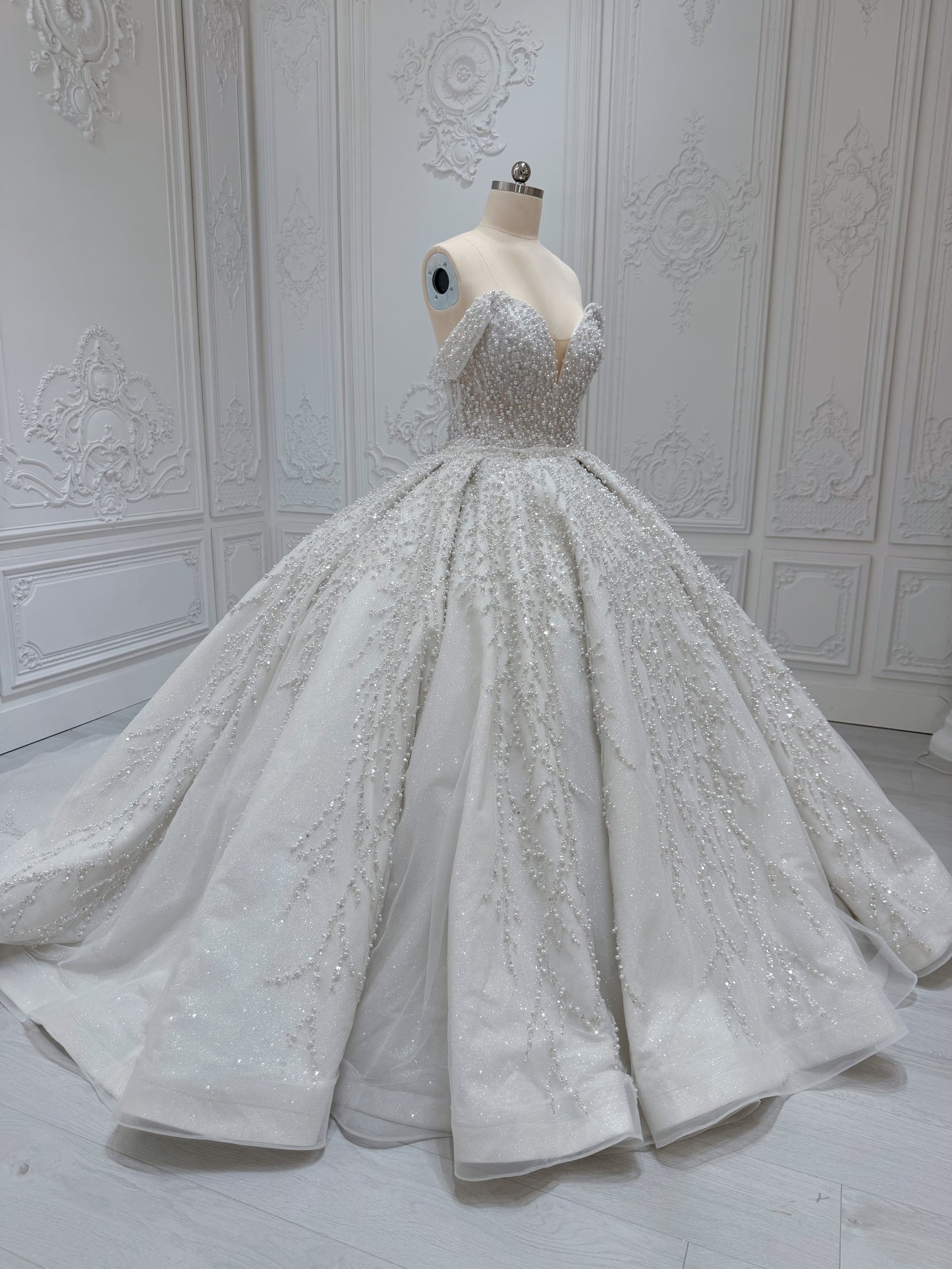 TBC-2IN1-008 Stock of pearl with beading lace off the shoulder 2 in 1 ballgown/mermaid wedding dress with detachable full skirt