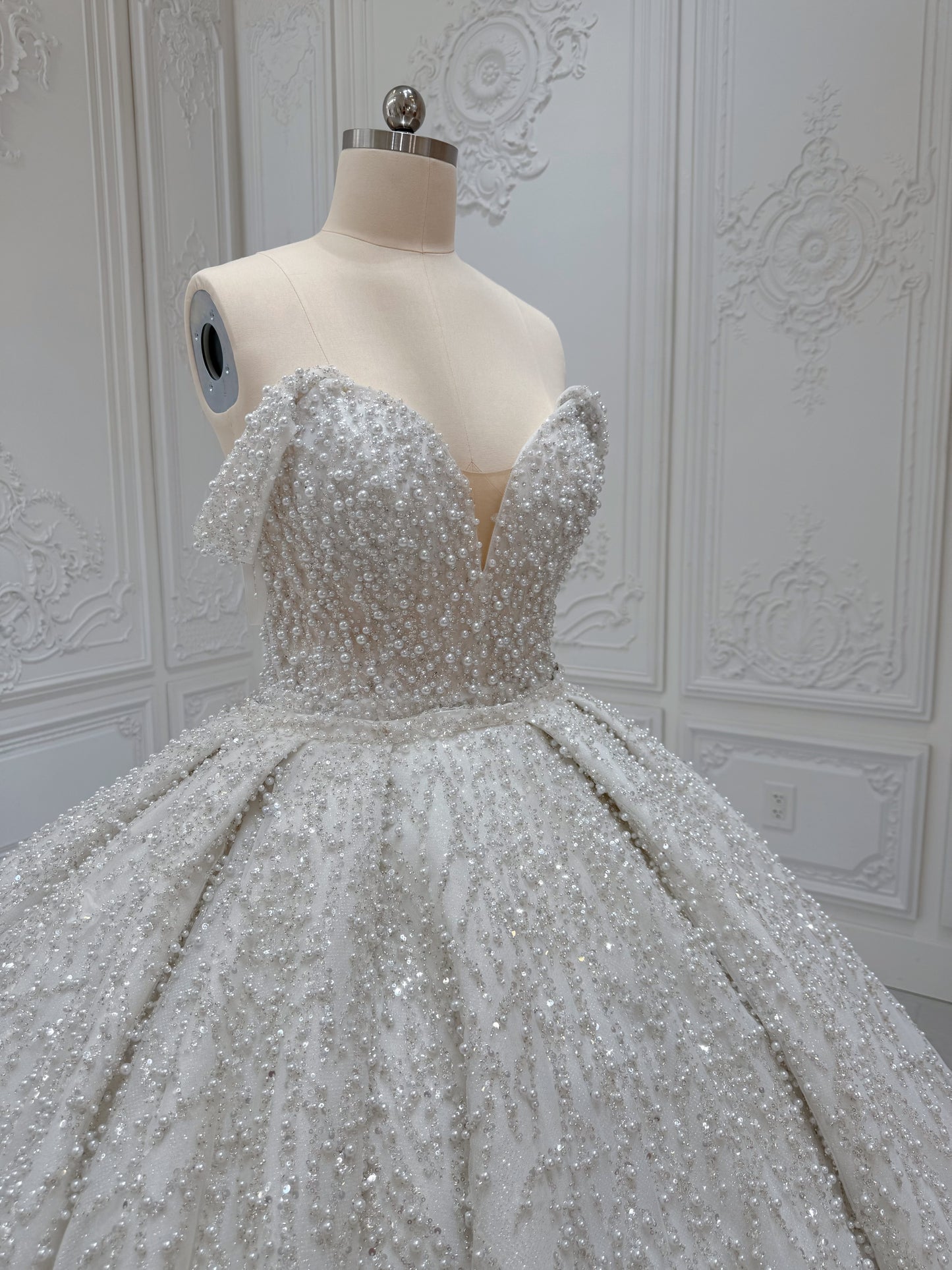 TBC-2IN1-008 Stock of pearl with beading lace off the shoulder 2 in 1 ballgown/mermaid wedding dress with detachable full skirt