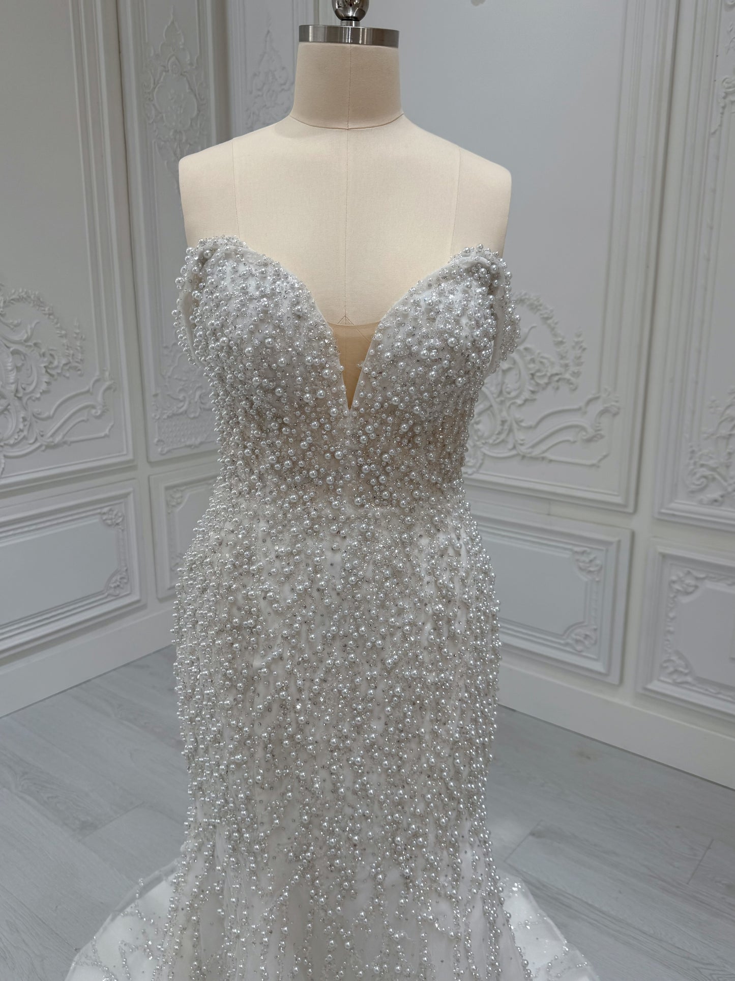 TBC-2IN1-008 Stock of pearl with beading lace off the shoulder 2 in 1 ballgown/mermaid wedding dress with detachable full skirt