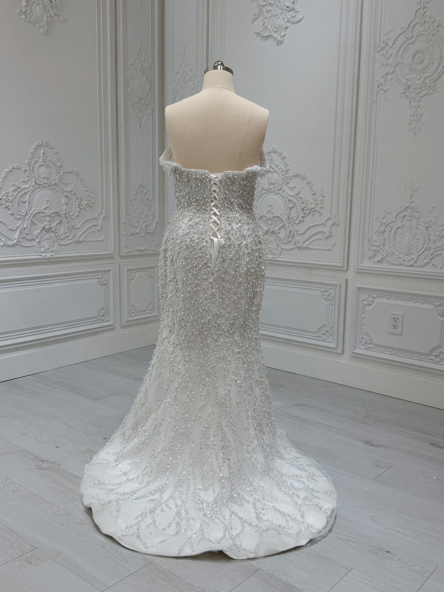 TBC-2IN1-008 Stock of pearl with beading lace off the shoulder 2 in 1 ballgown/mermaid wedding dress with detachable full skirt