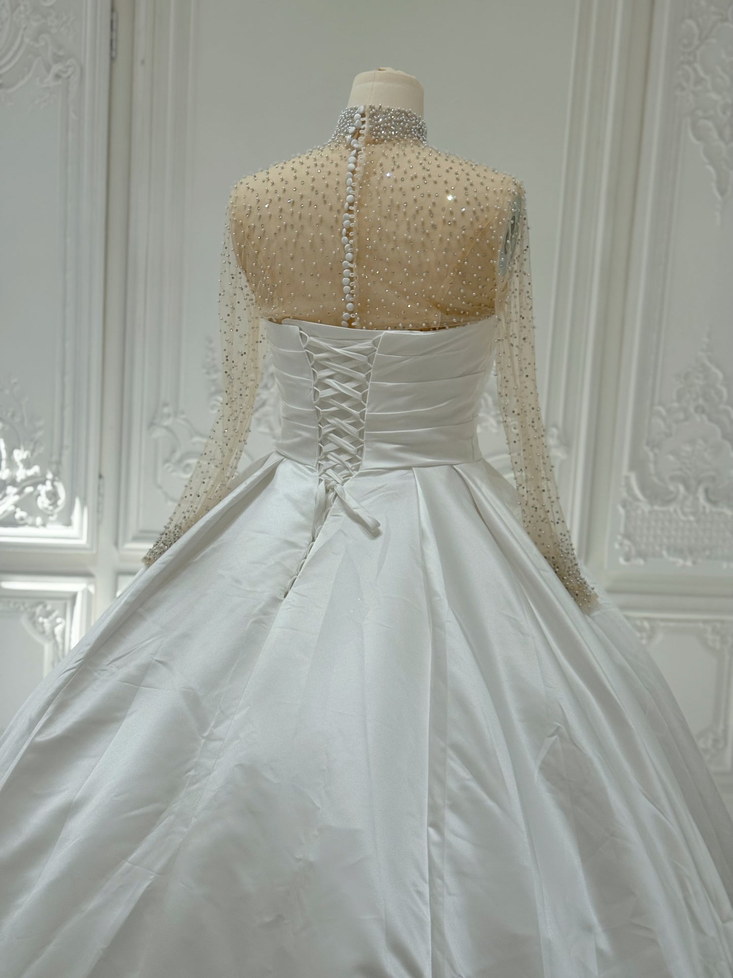 Stcok Clearance! Bridal Size 12! White pleated satin Aline wedding dress with detachable high neck andlong sleevebeading top piece