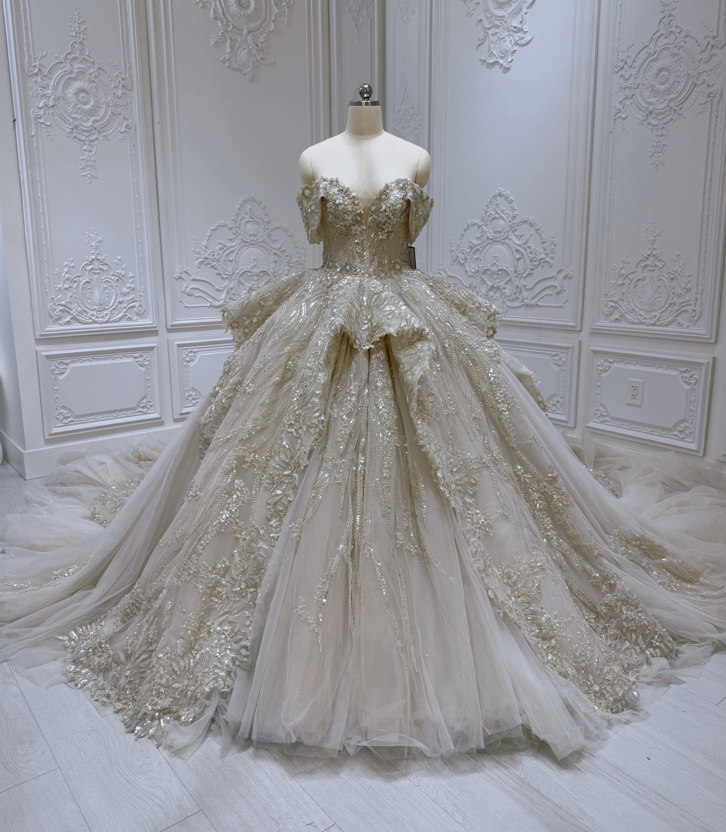 Stock clearance 50% off Floor sample! Custom-made luxury beading champagne color off the shoulder princess ballgown royal wedding dress - Ting's Bridal Collection