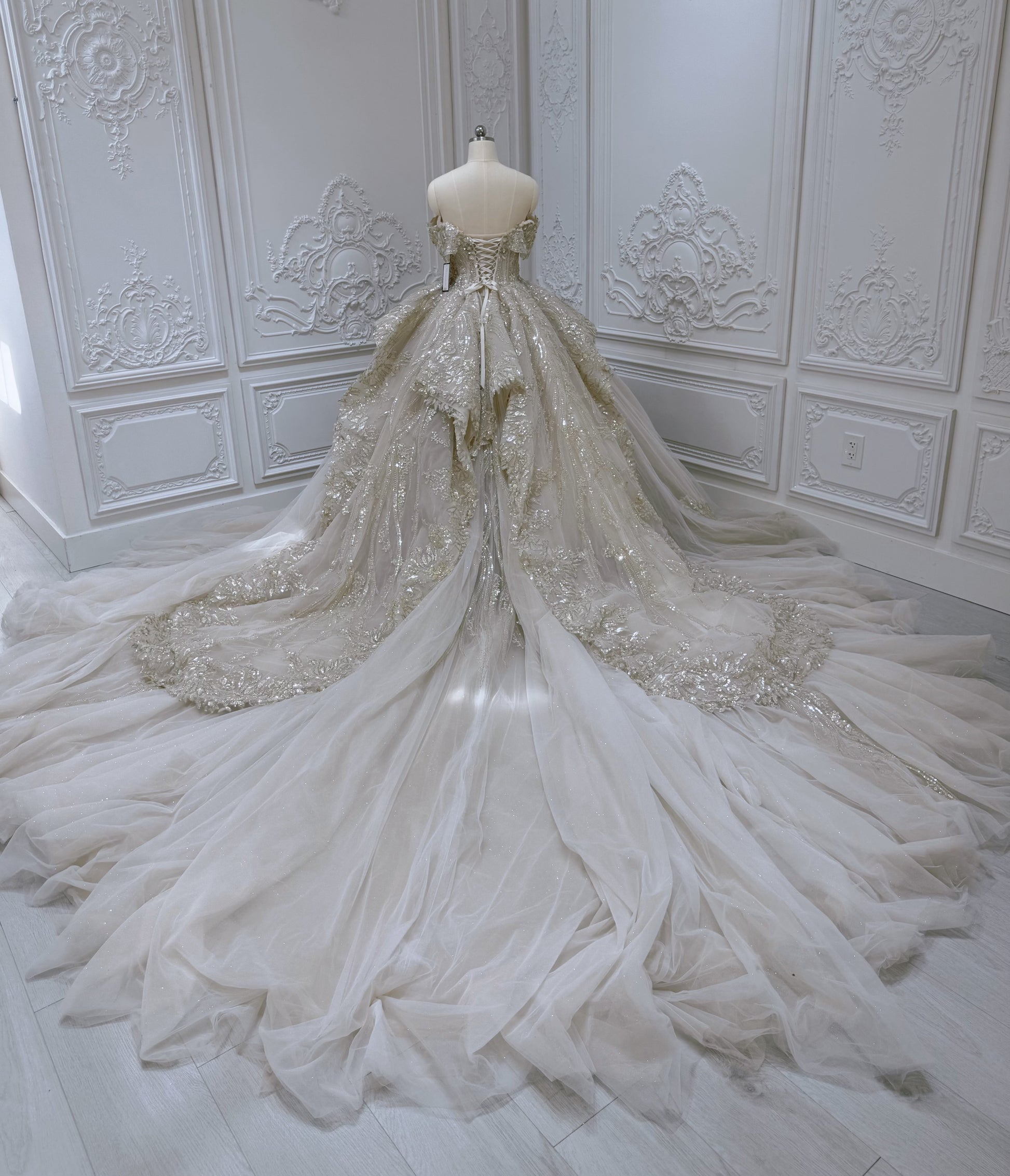 Stock clearance 50% off Floor sample! Custom-made luxury beading champagne color off the shoulder princess ballgown royal wedding dress - Ting's Bridal Collection