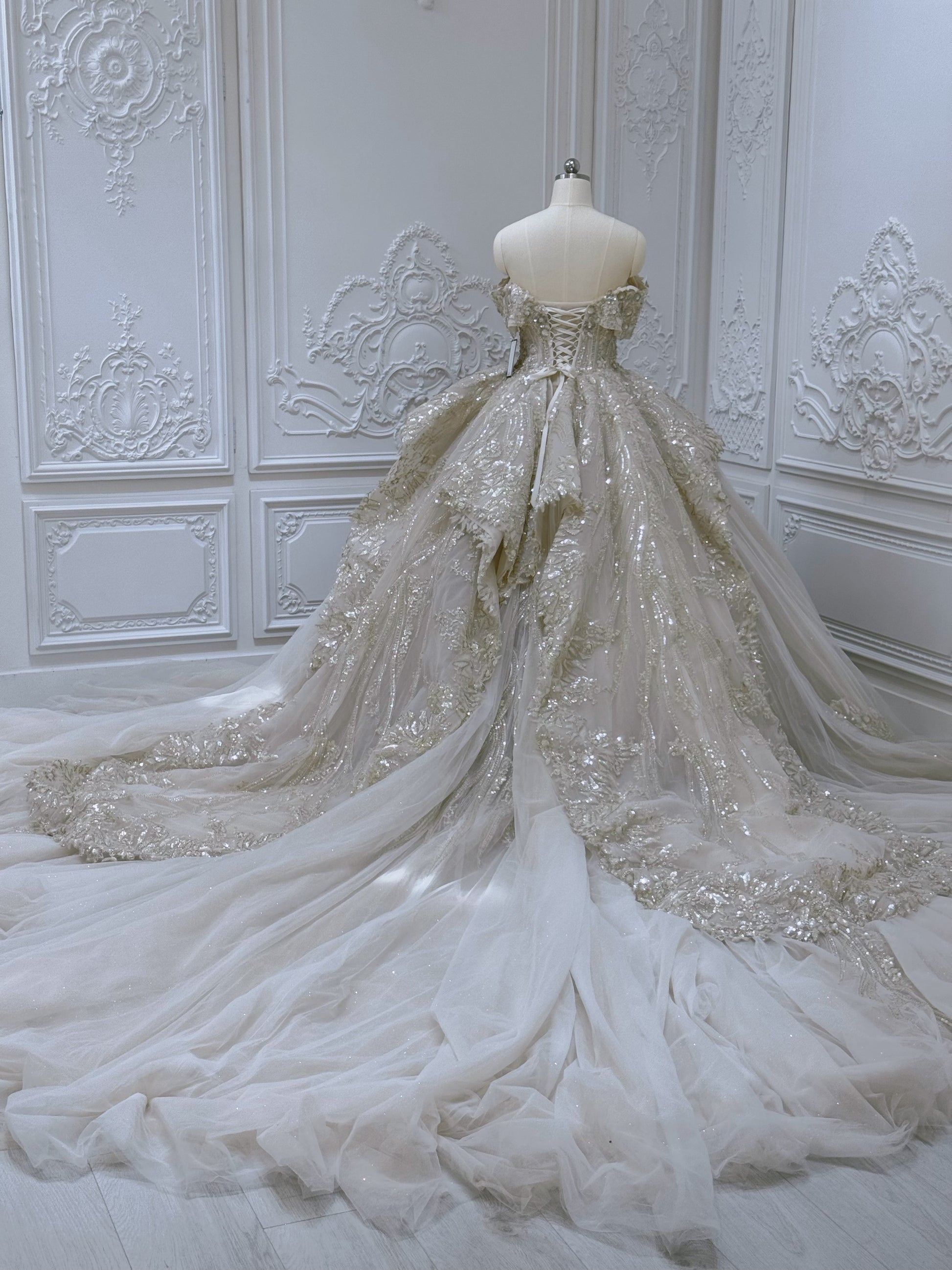 Stock clearance 50% off Floor sample! Custom-made luxury beading champagne color off the shoulder princess ballgown royal wedding dress - Ting's Bridal Collection