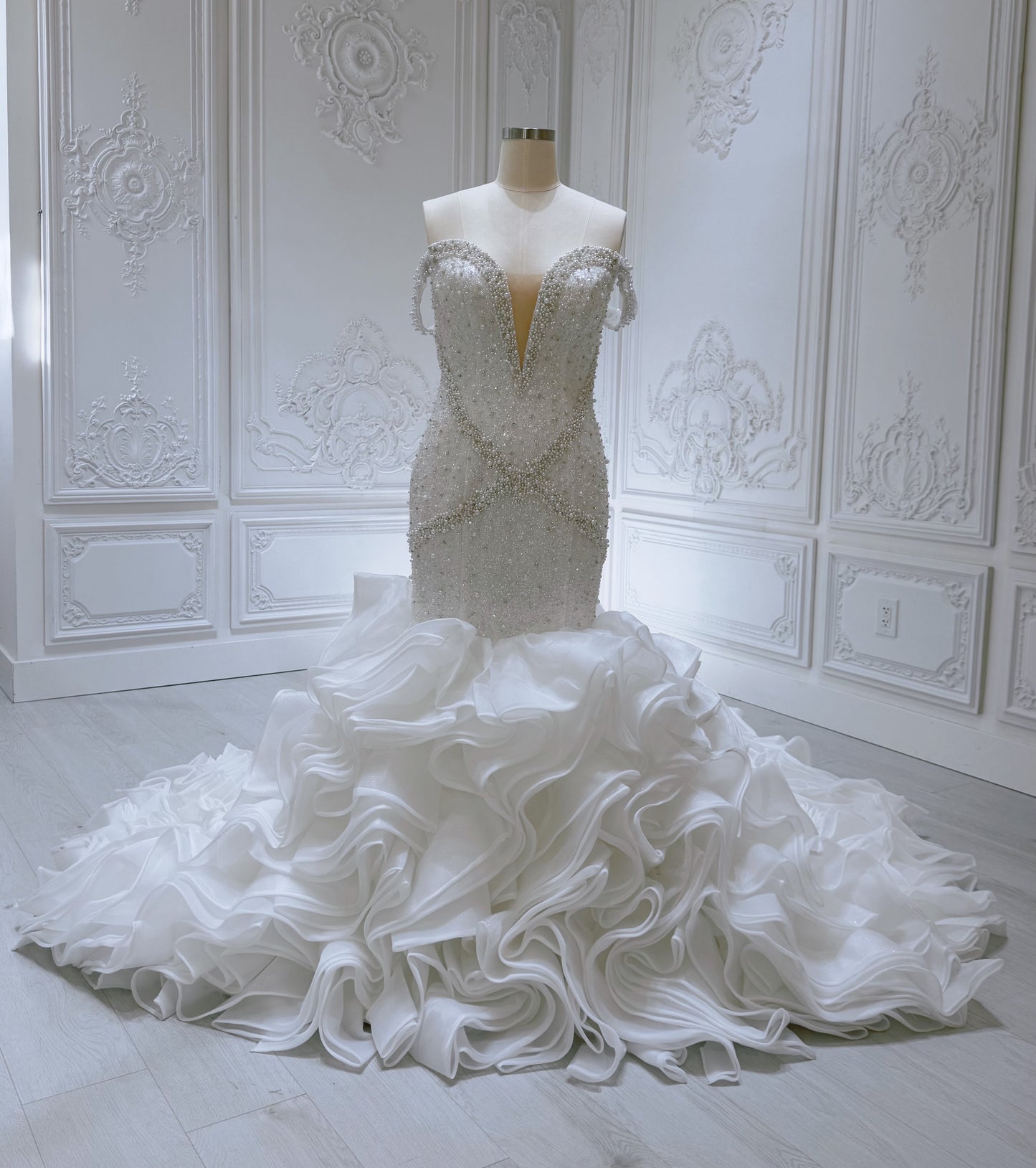 Stock Clearance Bridal size 14! Pearl with beading lace off the shoulder mermaid wedding dress with ruffled skirt