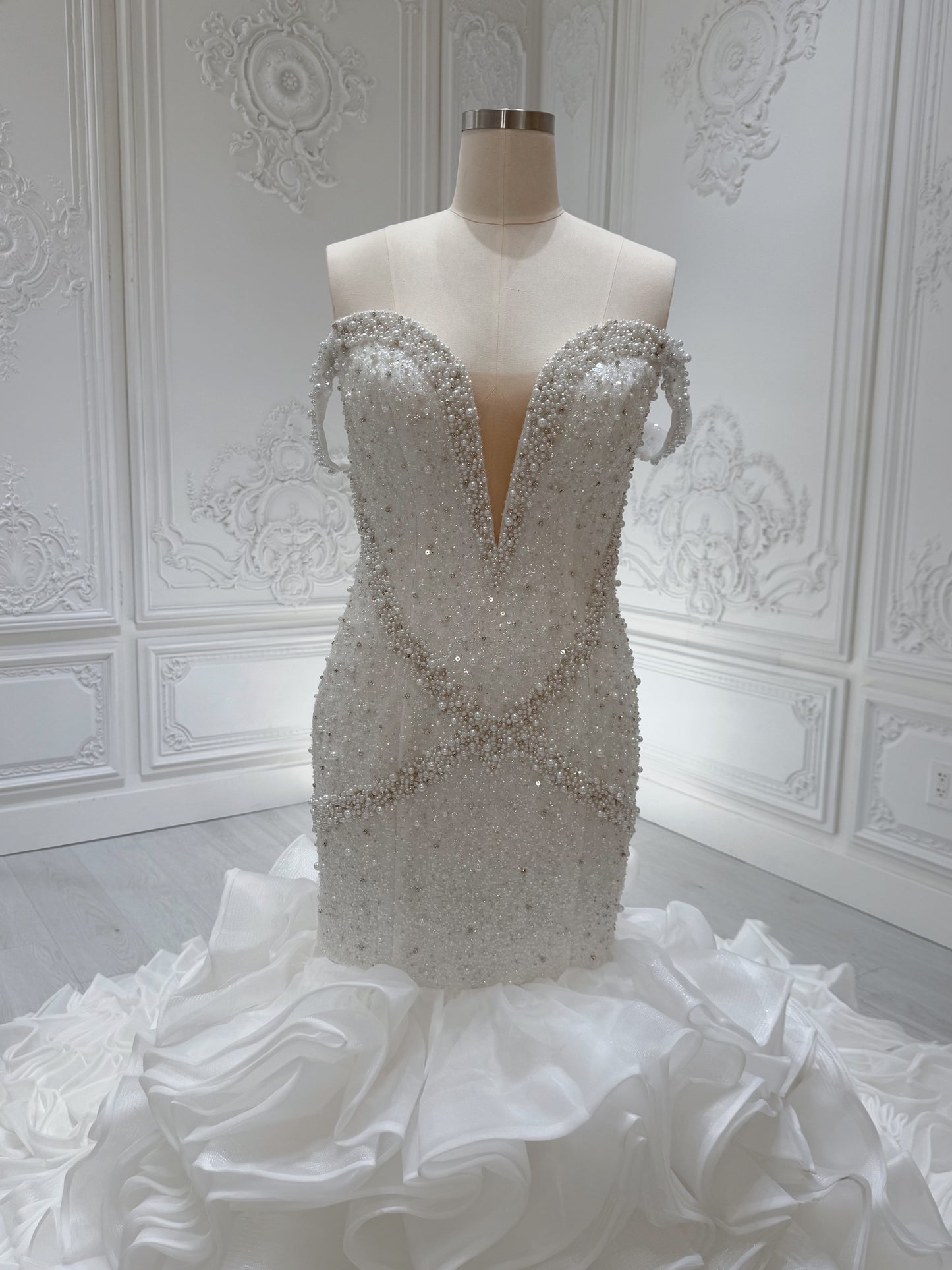 Stock Clearance Bridal size 14! Pearl with beading lace off the shoulder mermaid wedding dress with ruffled skirt