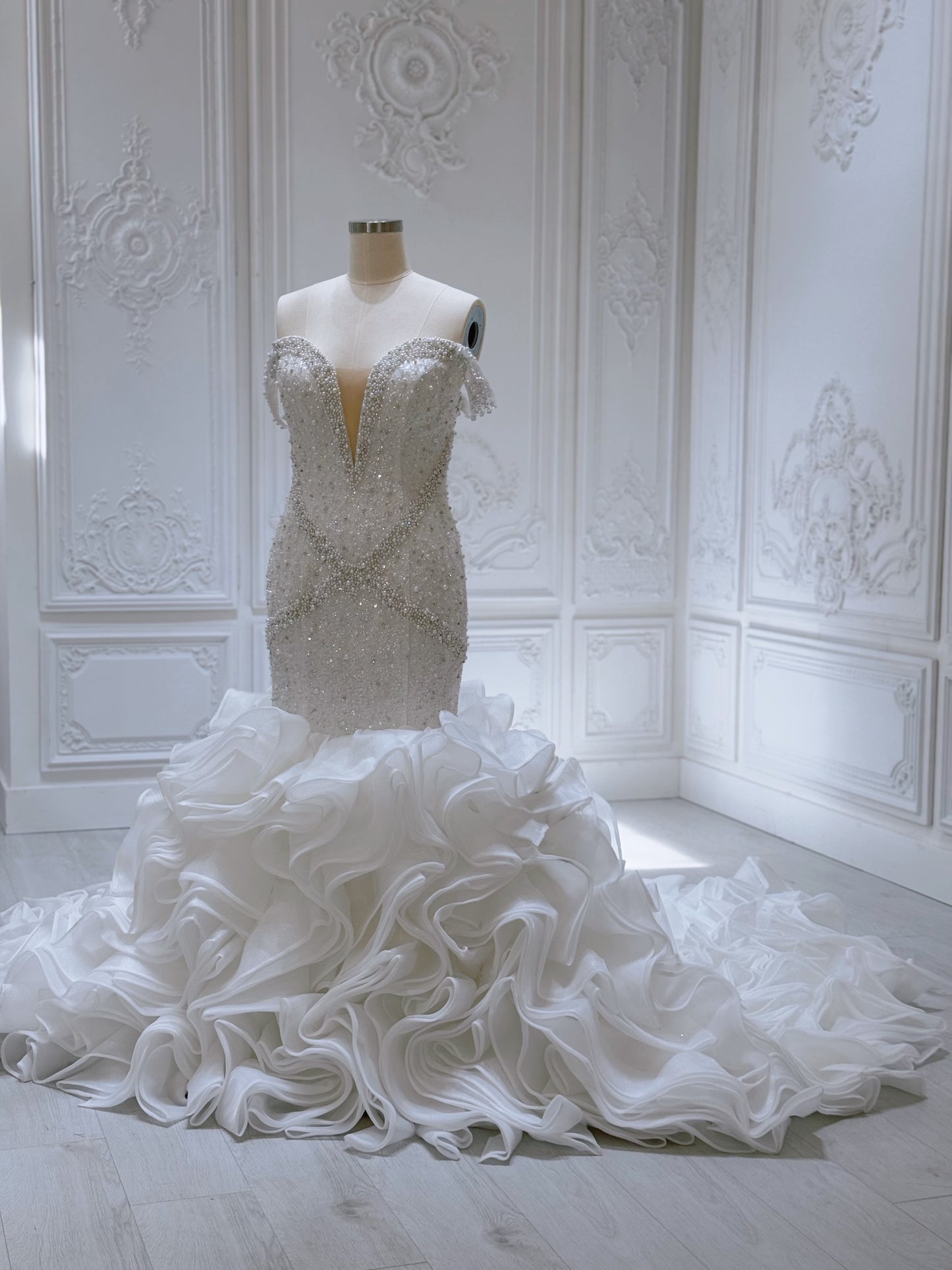 Stock Clearance Bridal size 14! Pearl with beading lace off the shoulder mermaid wedding dress with ruffled skirt