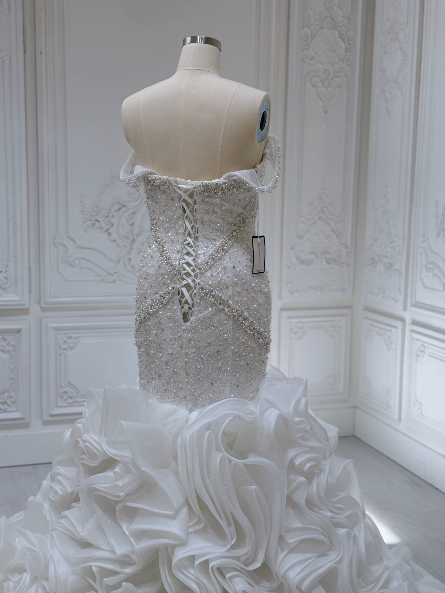 Stock Clearance Bridal size 14! Pearl with beading lace off the shoulder mermaid wedding dress with ruffled skirt