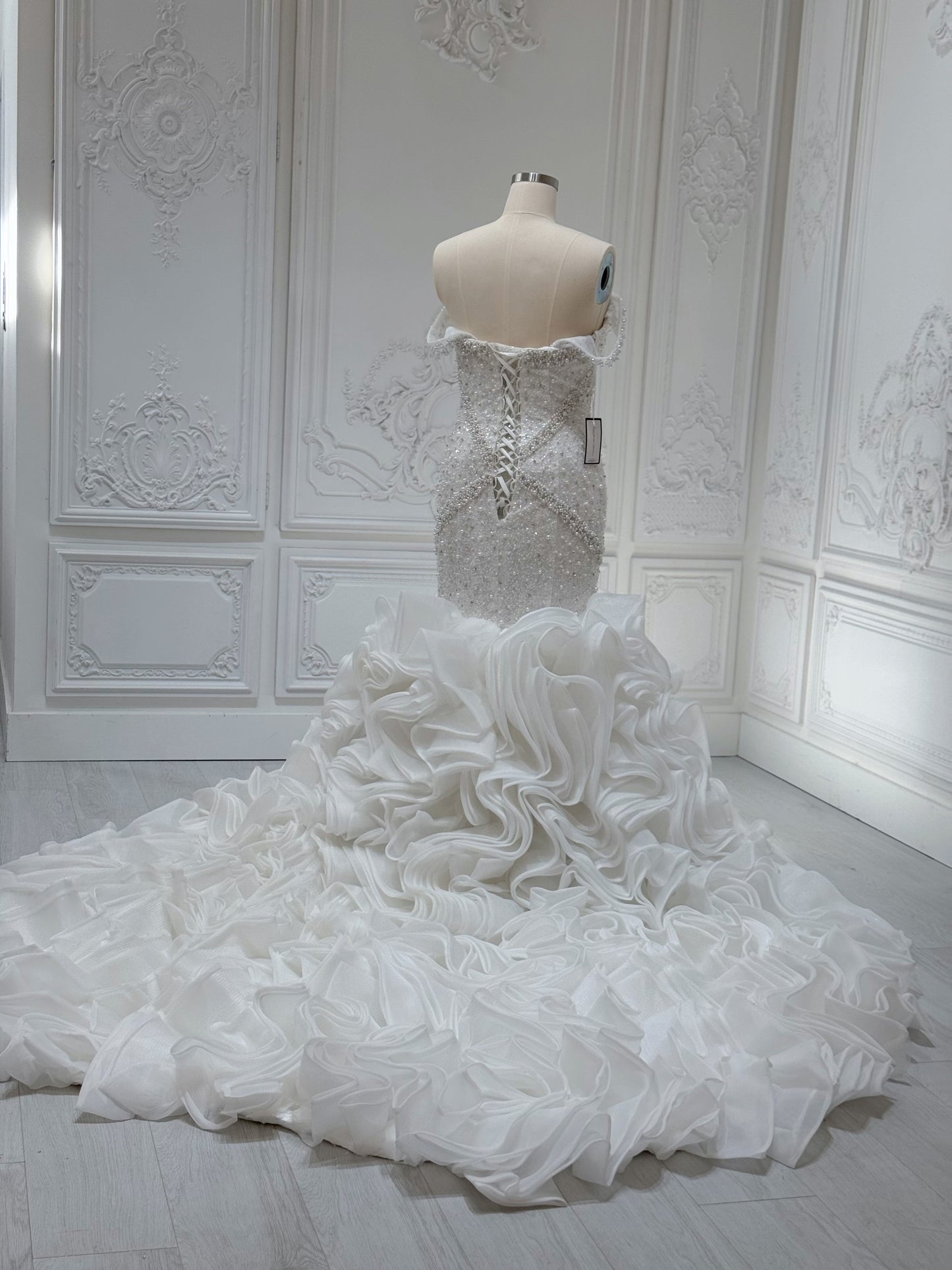 Stock Clearance Bridal size 14! Pearl with beading lace off the shoulder mermaid wedding dress with ruffled skirt