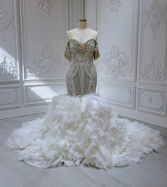Stock Clearance! Custom-made crystal beaded off the shoulder 2 in 1 look split skirt champagne mermaid wedding dress with detachable ruffles skirt - Ting's Bridal Collection