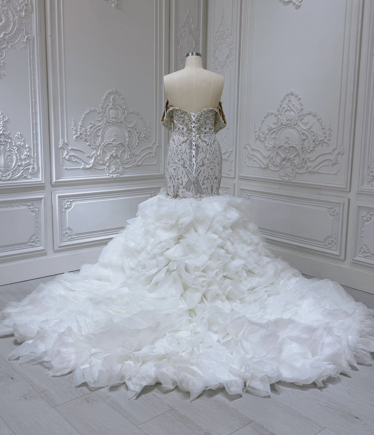 Stock Clearance! Custom-made crystal beaded off the shoulder 2 in 1 look split skirt champagne mermaid wedding dress with detachable ruffles skirt - Ting's Bridal Collection