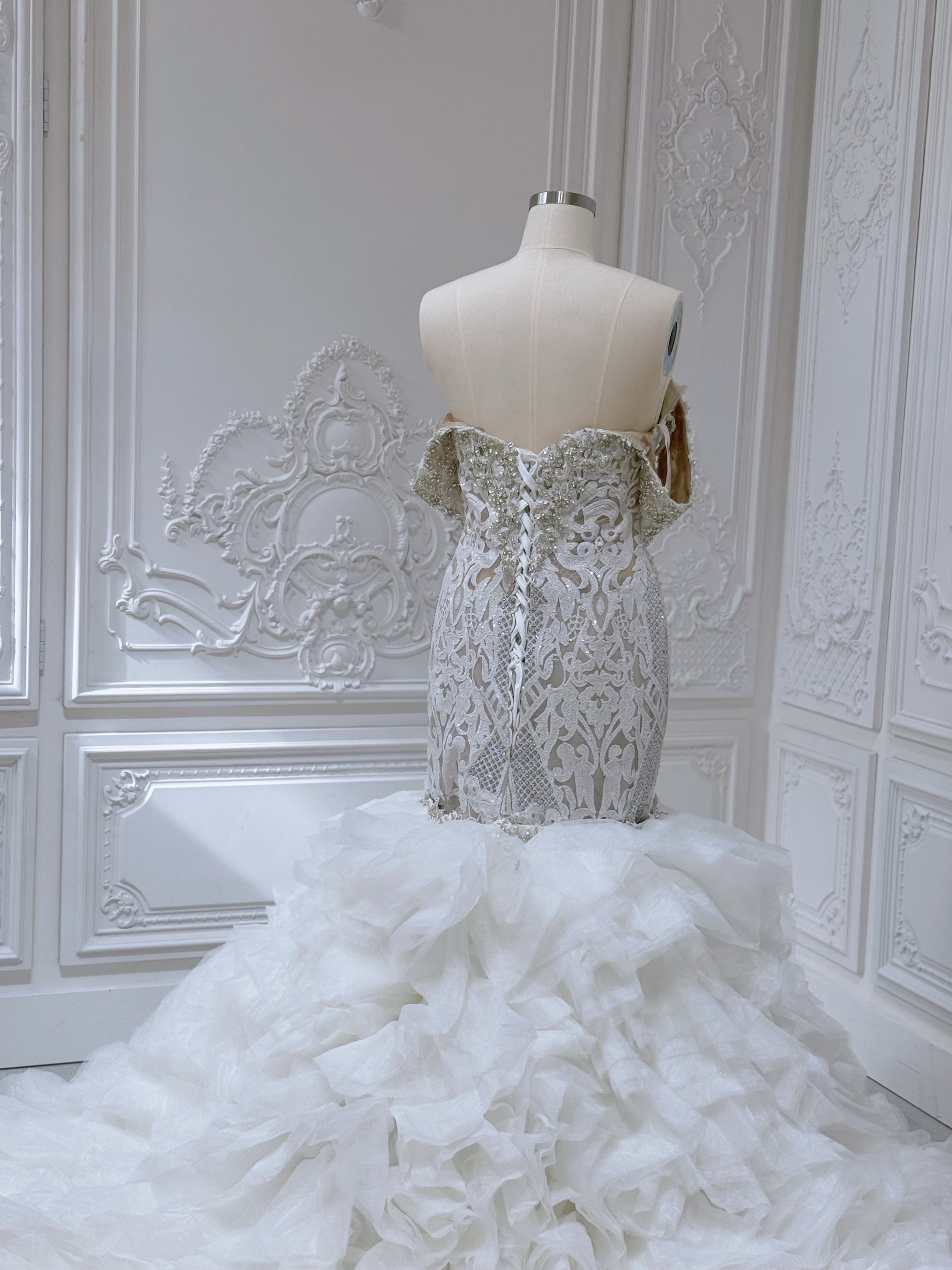 Stock Clearance! Custom-made crystal beaded off the shoulder 2 in 1 look split skirt champagne mermaid wedding dress with detachable ruffles skirt - Ting's Bridal Collection