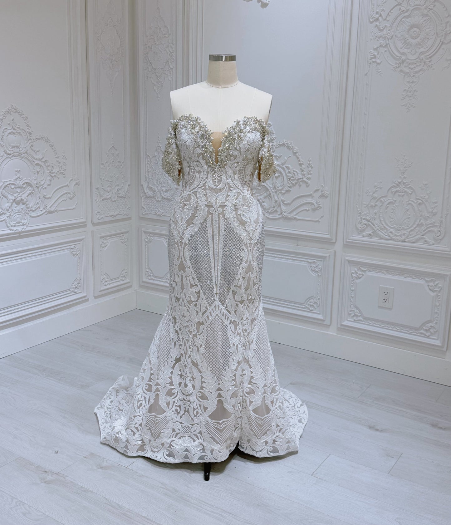 Stock Clearance! Custom-made crystal beaded off the shoulder 2 in 1 look split skirt champagne mermaid wedding dress with detachable ruffles skirt - Ting's Bridal Collection