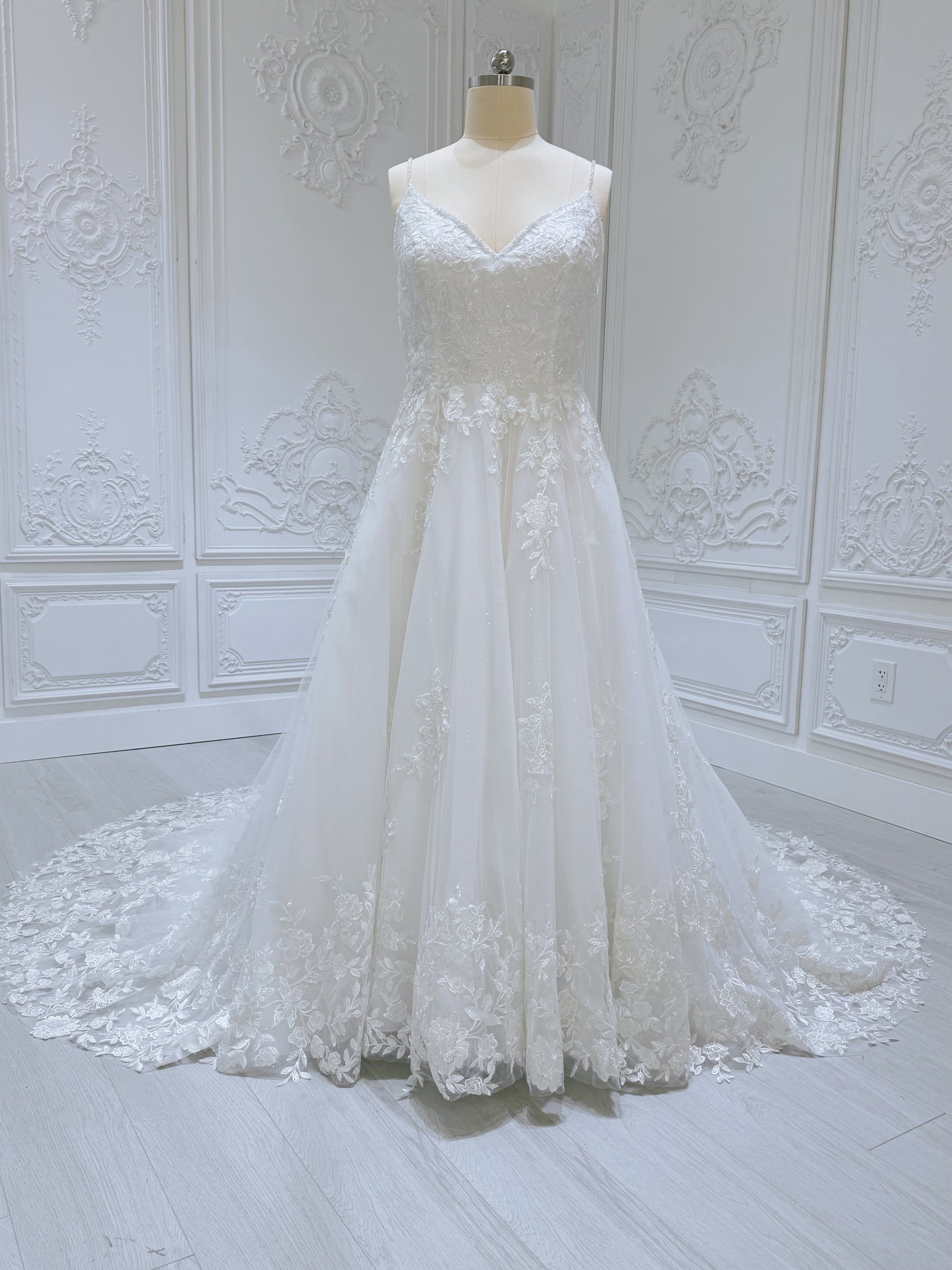 Stock Clearance! Custom-made white spaghettini strap V-Neck lace embroidered Aline floral wedding dress - Ting's Bridal Collection