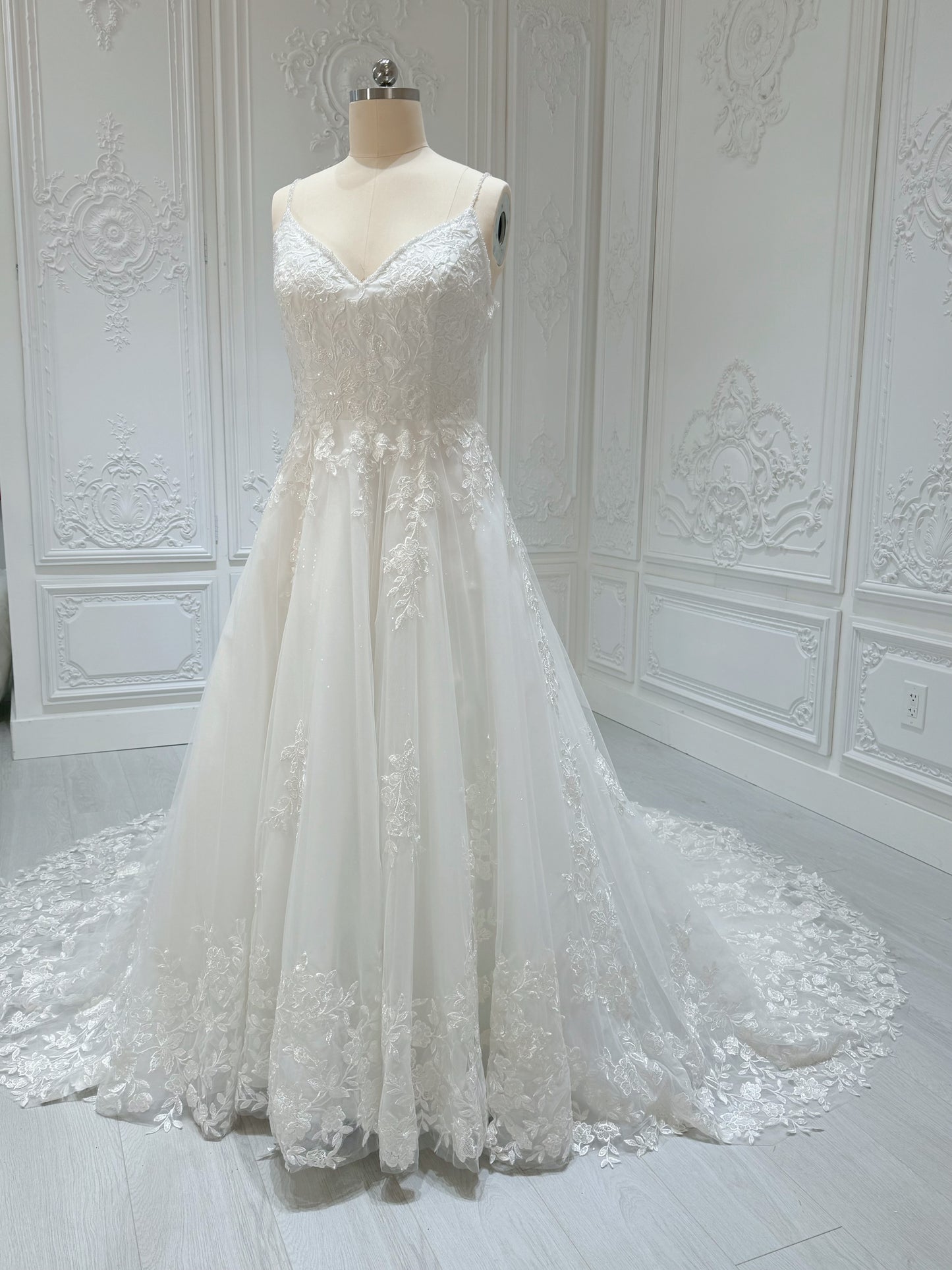 Stock Clearance! Custom-made white spaghettini strap V-Neck lace embroidered Aline floral wedding dress - Ting's Bridal Collection