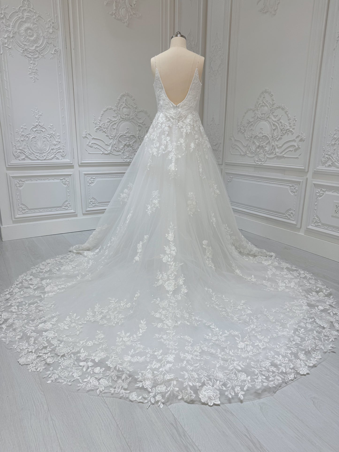 Stock Clearance! Custom-made white spaghettini strap V-Neck lace embroidered Aline floral wedding dress - Ting's Bridal Collection