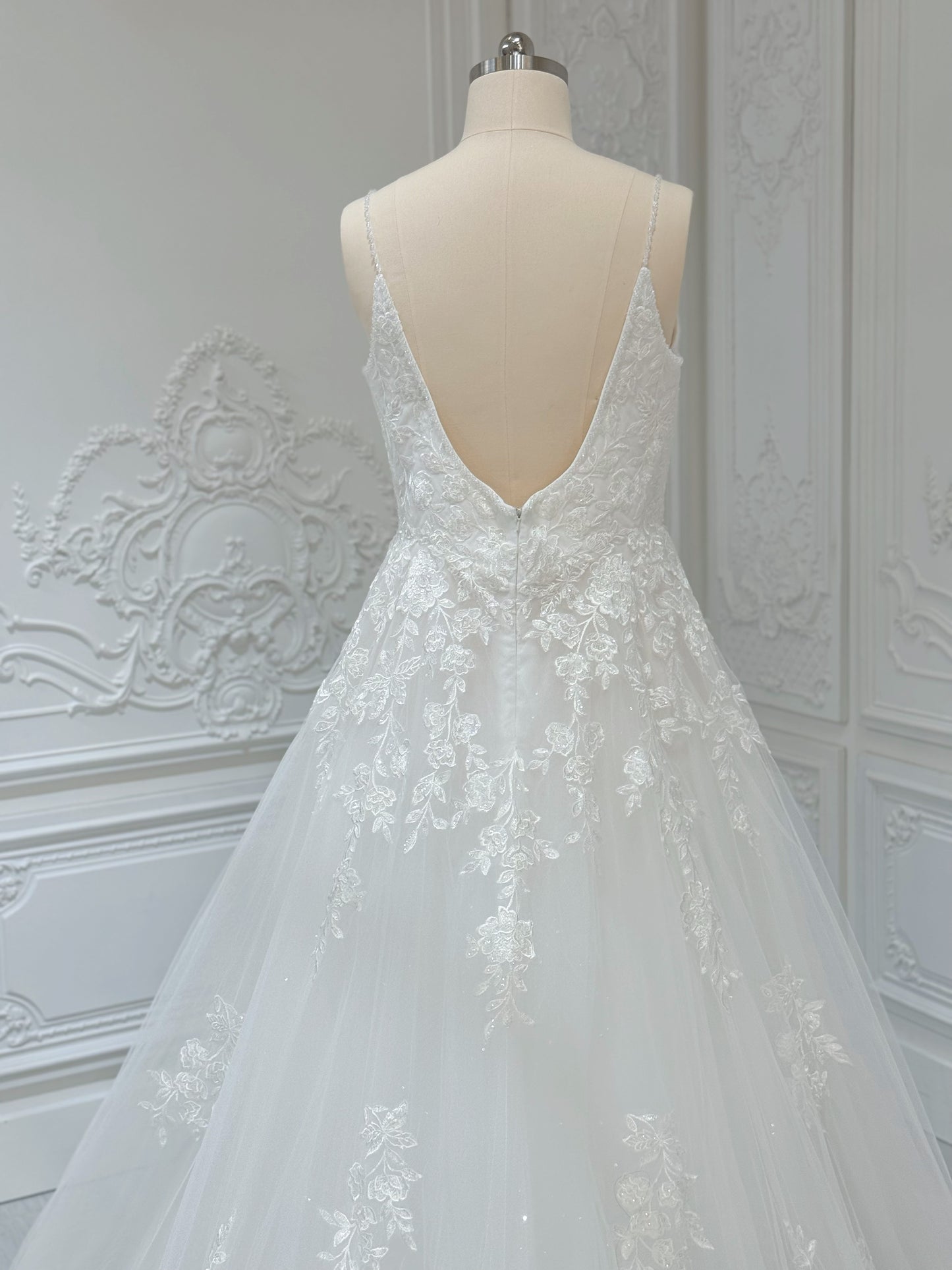 Stock Clearance! Custom-made white spaghettini strap V-Neck lace embroidered Aline floral wedding dress - Ting's Bridal Collection