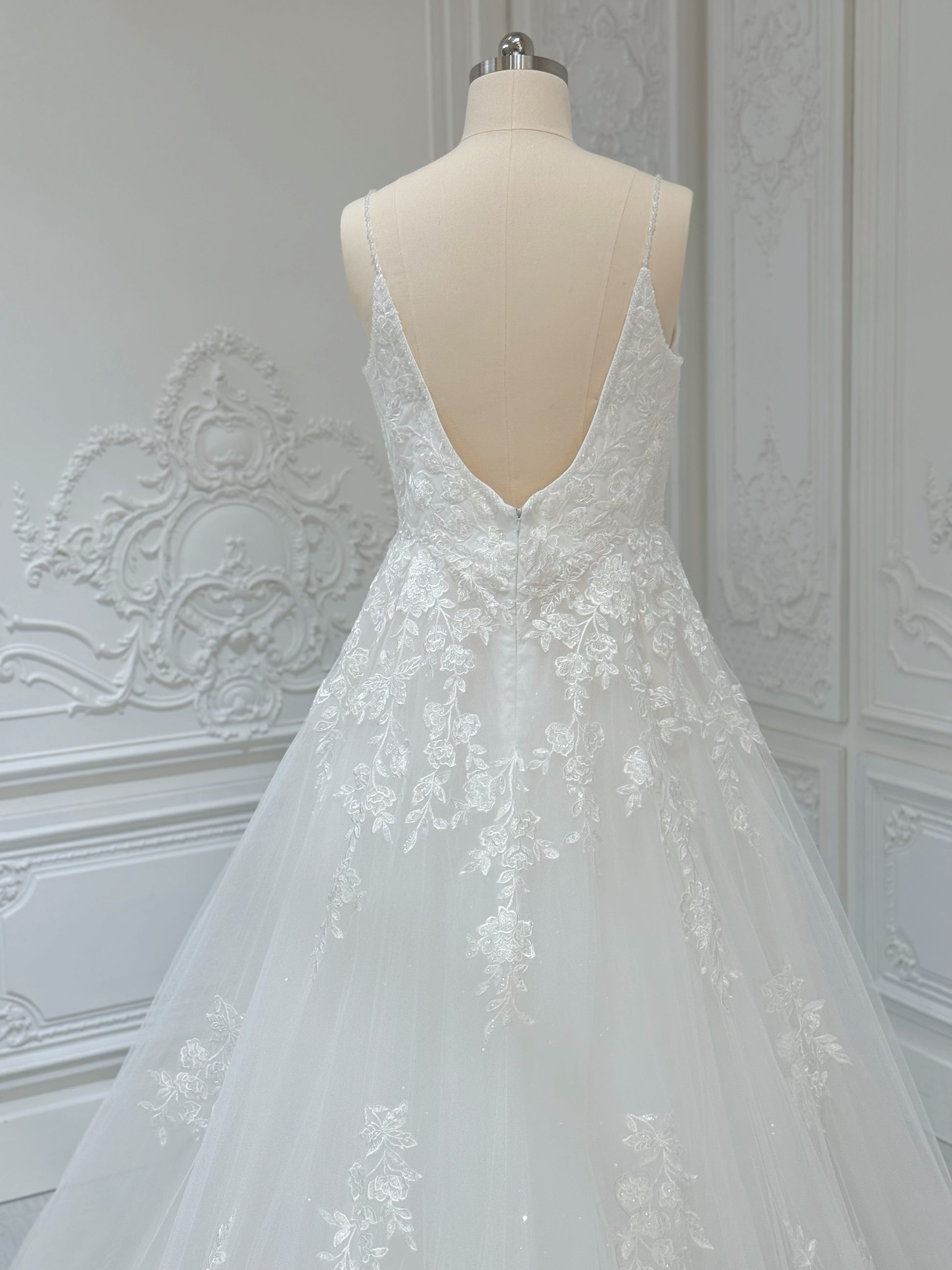 Stock Clearance! Custom-made white spaghettini strap V-Neck lace embroidered Aline floral wedding dress - Ting's Bridal Collection