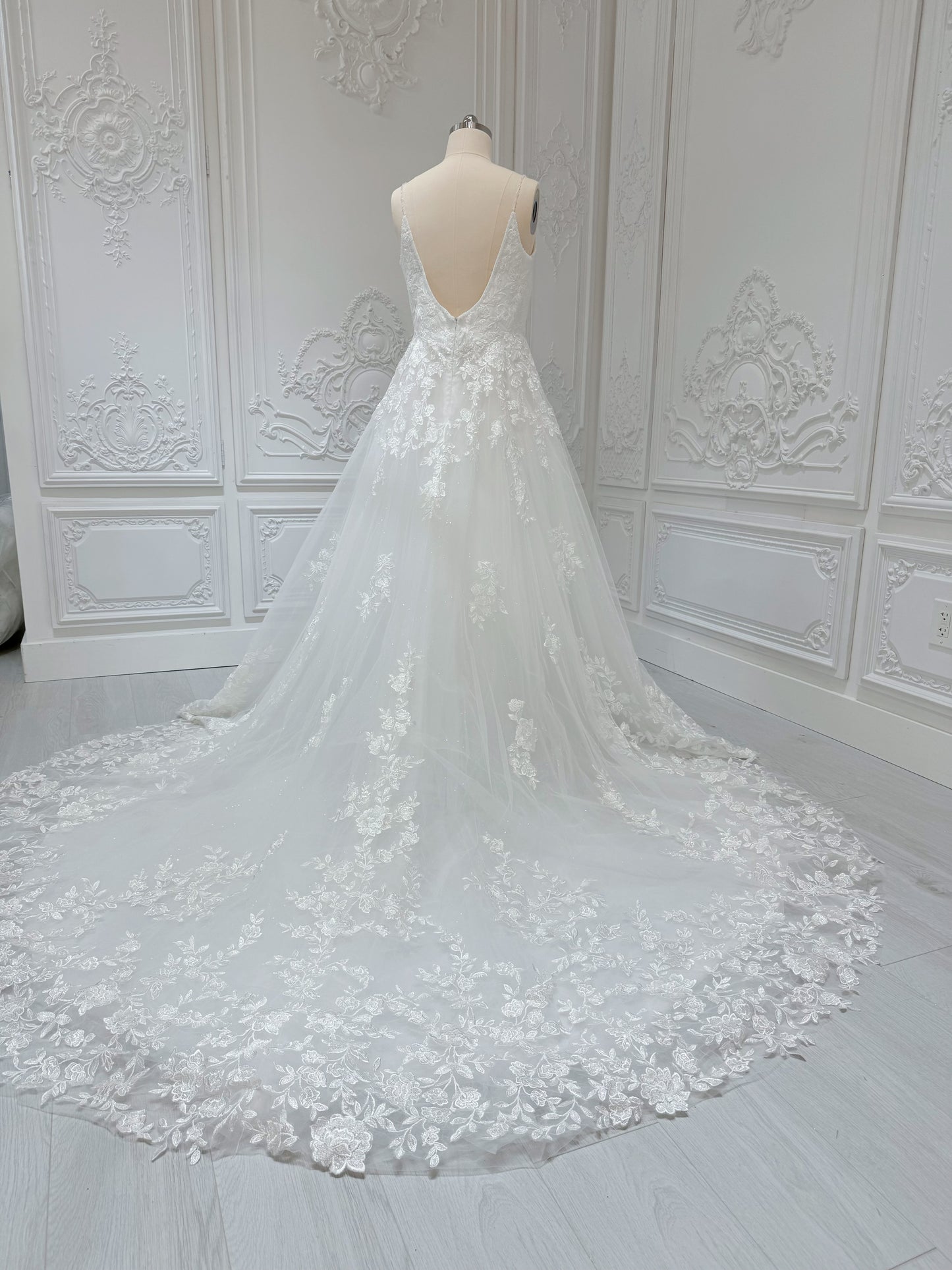 Stock Clearance! Custom-made white spaghettini strap V-Neck lace embroidered Aline floral wedding dress - Ting's Bridal Collection