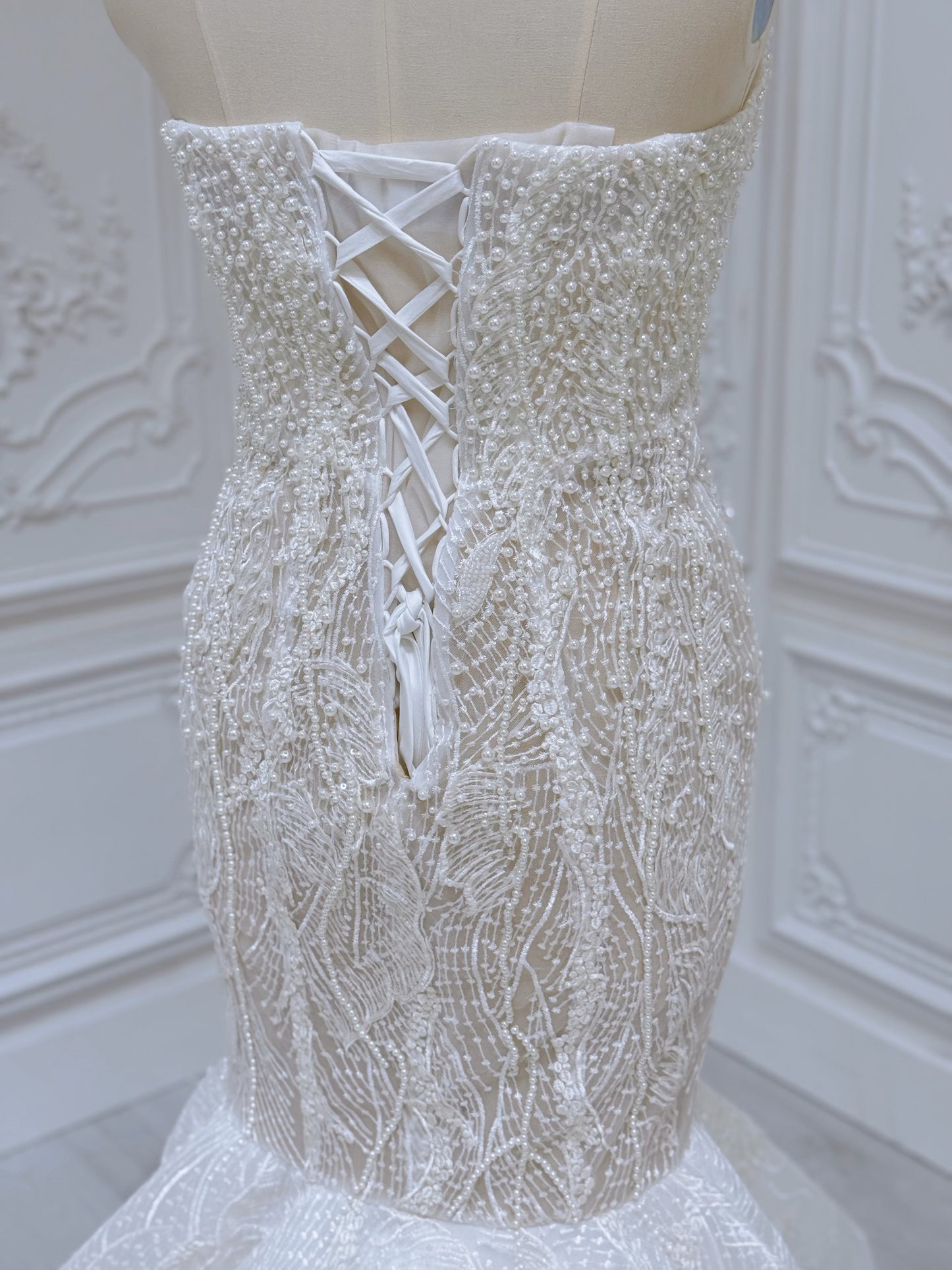 TBC-A007 Ivory pearl beading lace embroidered mermaid wedding dress