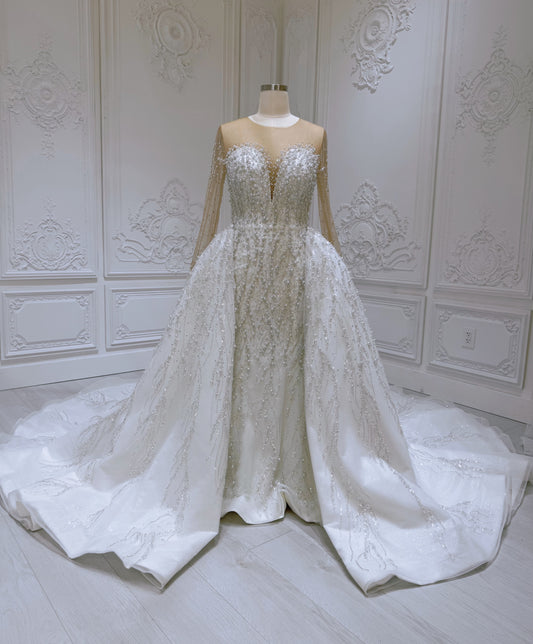 TBC-2IN1-007 Pearl with beading lace long sleeve 2 in 1 style mermaid wedding dress with detachable skirt