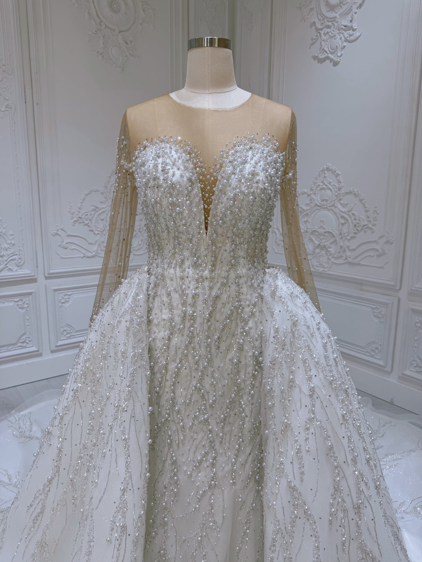 TBC-2IN1-007 Pearl with beading lace long sleeve 2 in 1 style mermaid wedding dress with detachable skirt