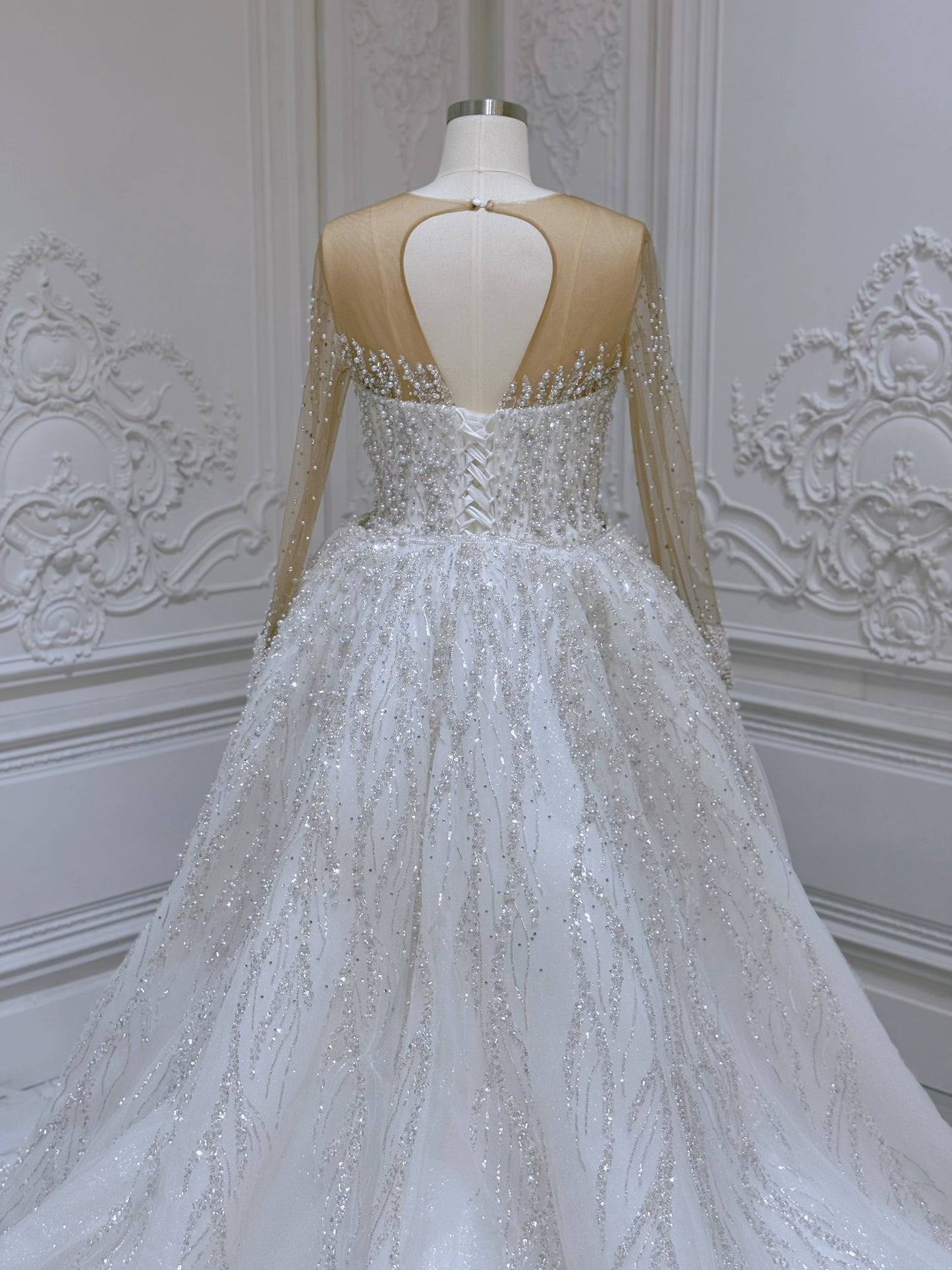 TBC-2IN1-007 Pearl with beading lace long sleeve 2 in 1 style mermaid wedding dress with detachable skirt