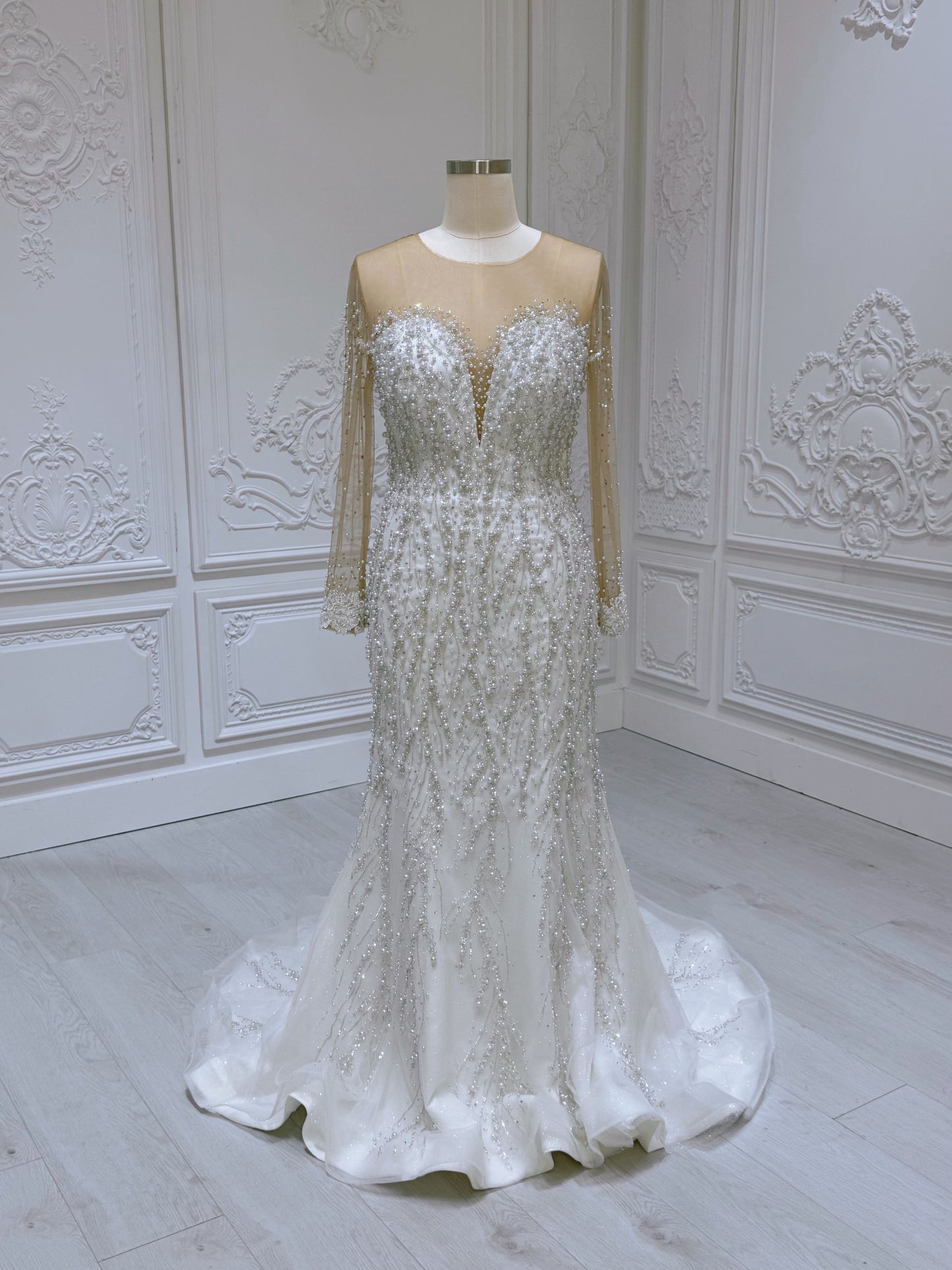 Stock Sale! Luxury pearl beaded sparkling long sleeve mermaid wedding dress