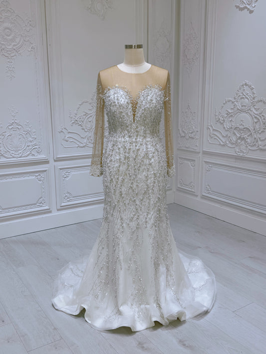 Stock Sale! Luxury pearl beaded sparkling long sleeve mermaid wedding dress