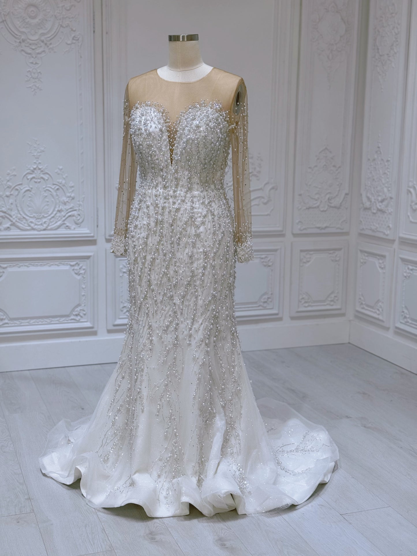 Stock Sale! Luxury pearl beaded sparkling long sleeve mermaid wedding dress