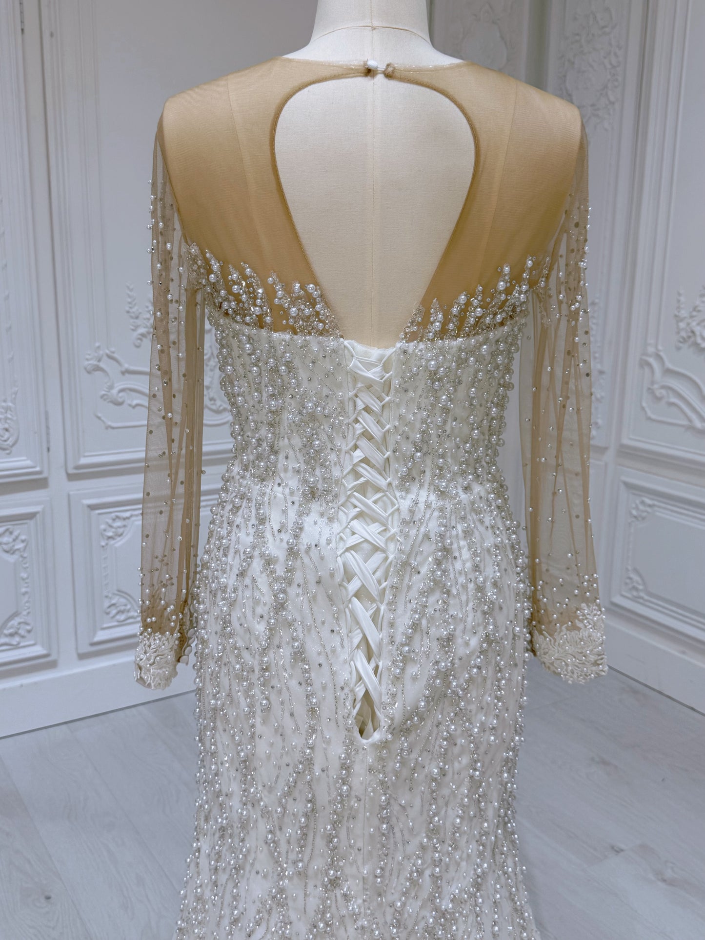 Stock Sale! Luxury pearl beaded sparkling long sleeve mermaid wedding dress