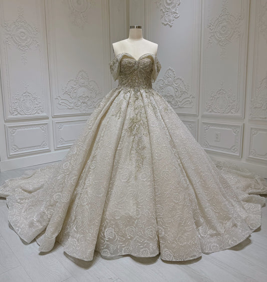 TMC-CM46 Custom-made luxury beading champagne off the shoulder princess ballgown royal wedding dress