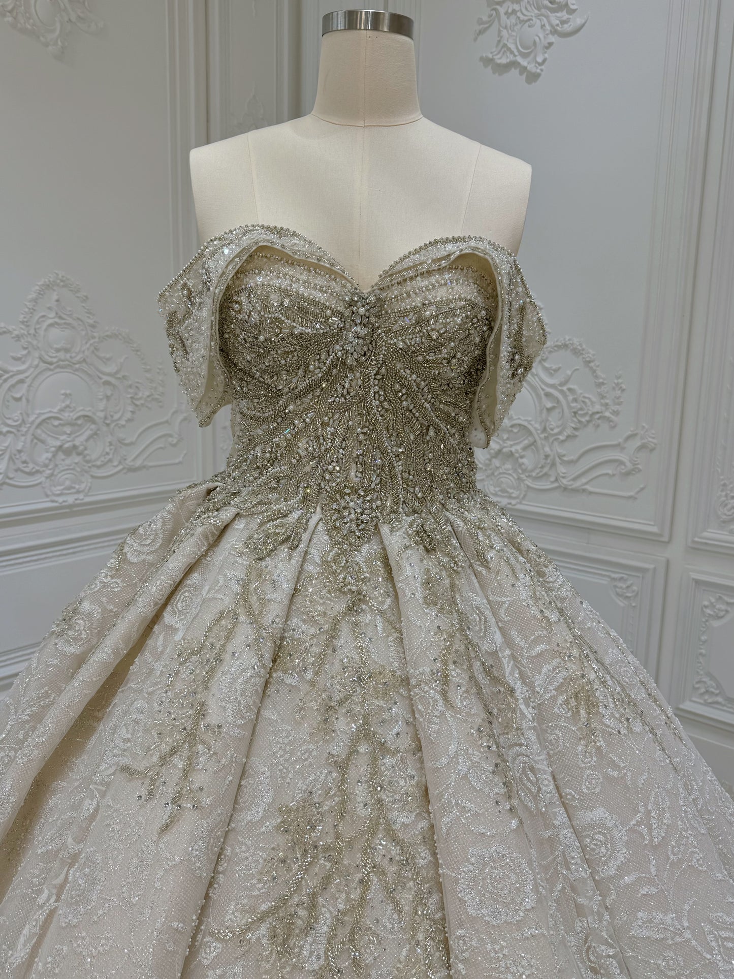 TMC-CM46 Custom-made luxury beading champagne off the shoulder princess ballgown royal wedding dress