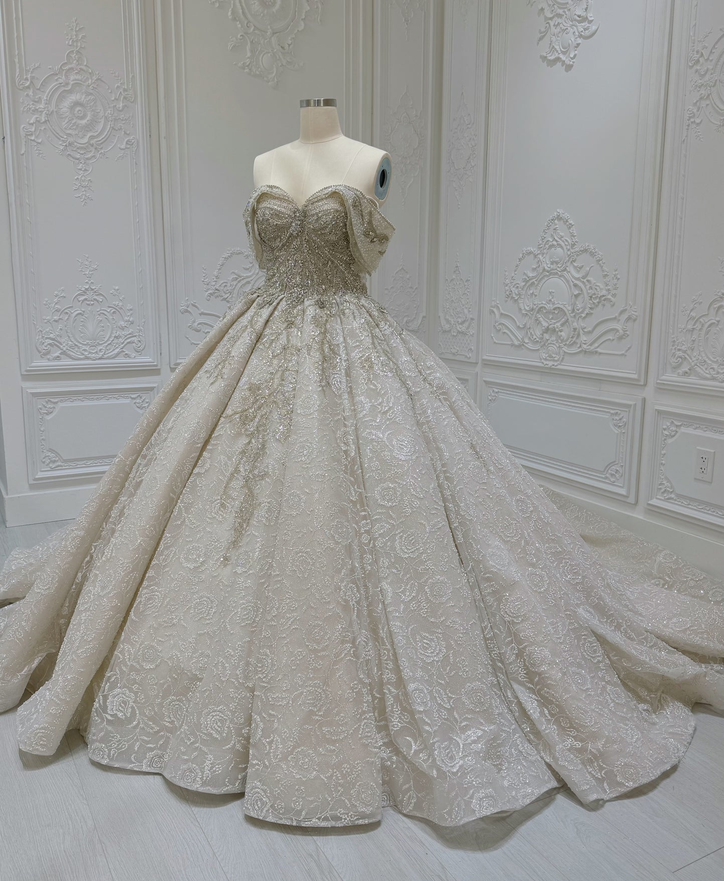 TMC-CM46 Custom-made luxury beading champagne off the shoulder princess ballgown royal wedding dress