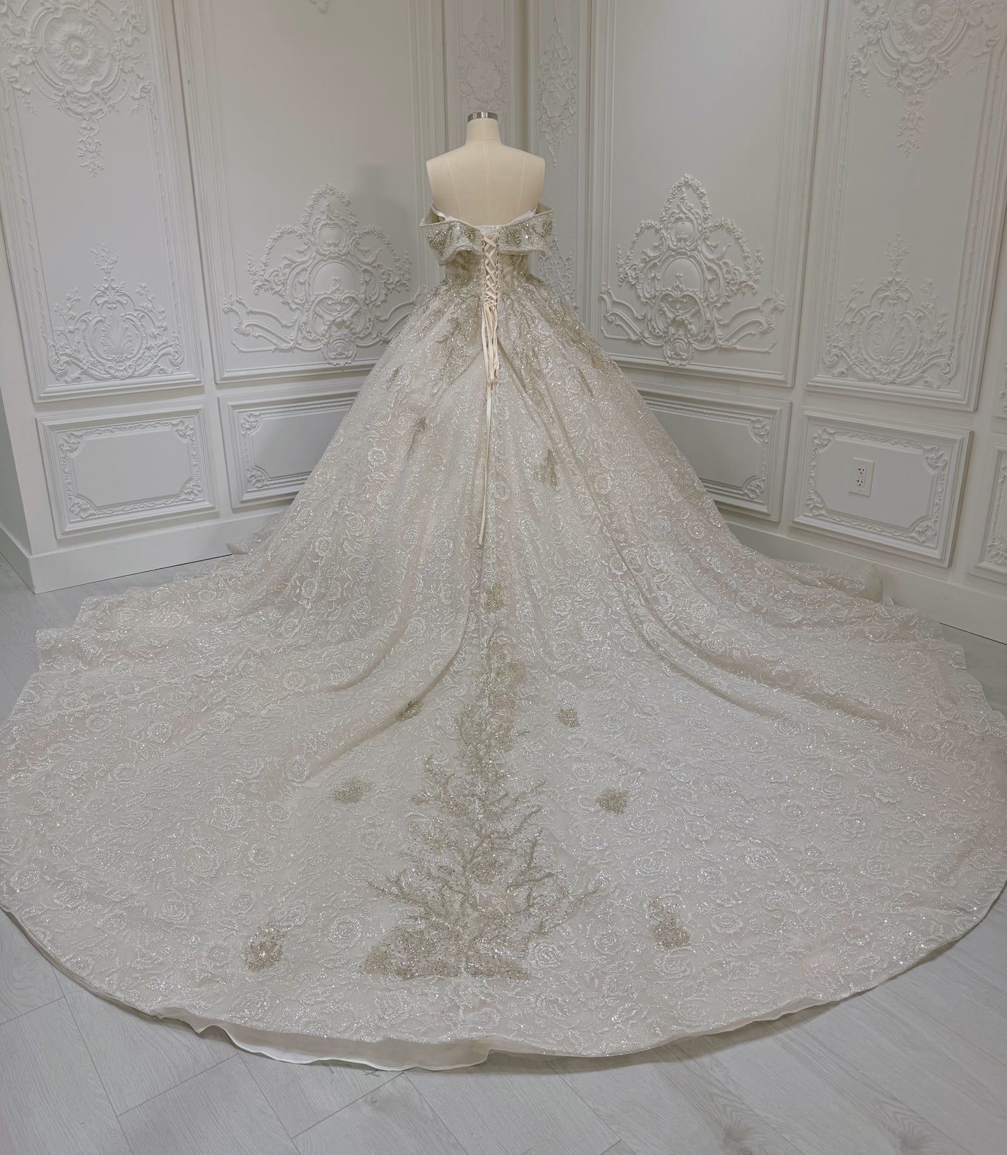 TMC-CM46 Custom-made luxury beading champagne off the shoulder princess ballgown royal wedding dress