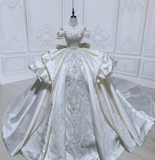 Custom-made Ivory satin luxury beading off the shoulder princess ballgown royal wedding dress