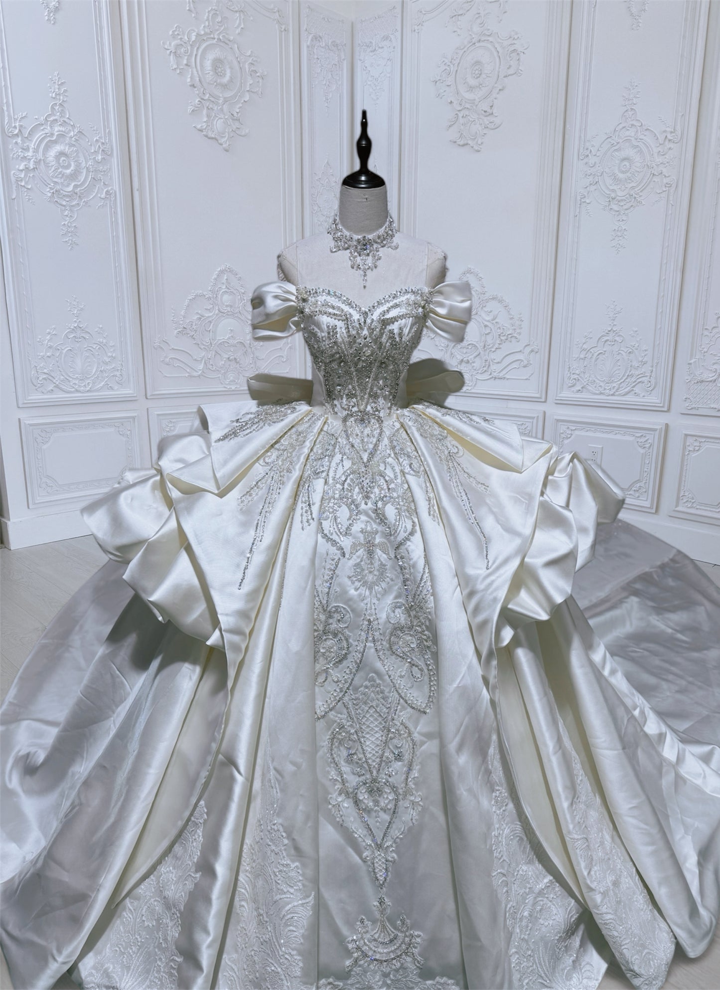 Custom-made Ivory satin luxury beading off the shoulder princess ballgown royal wedding dress