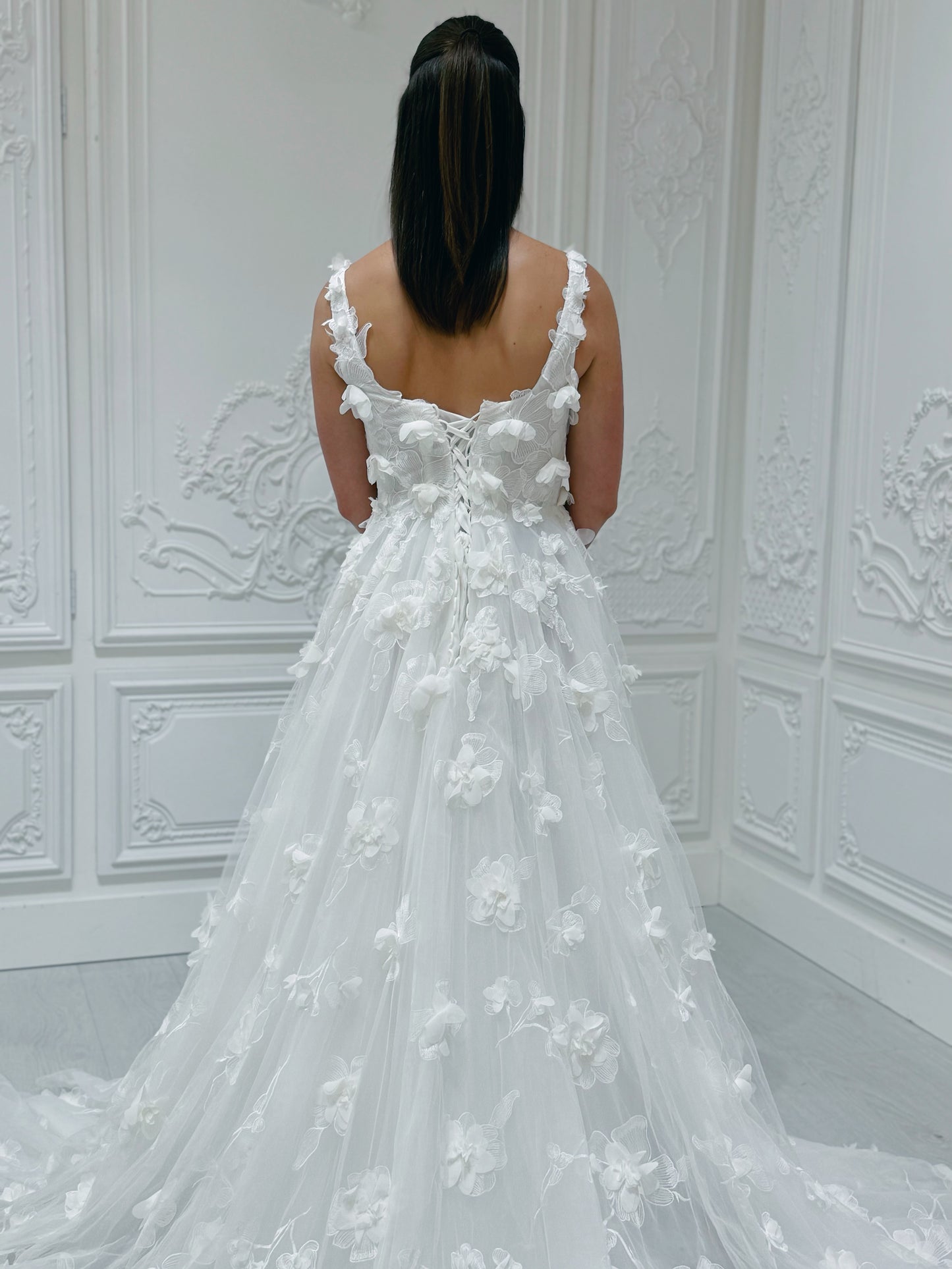 TBC-A005 White 3D floral square neck Aline wedding dress
