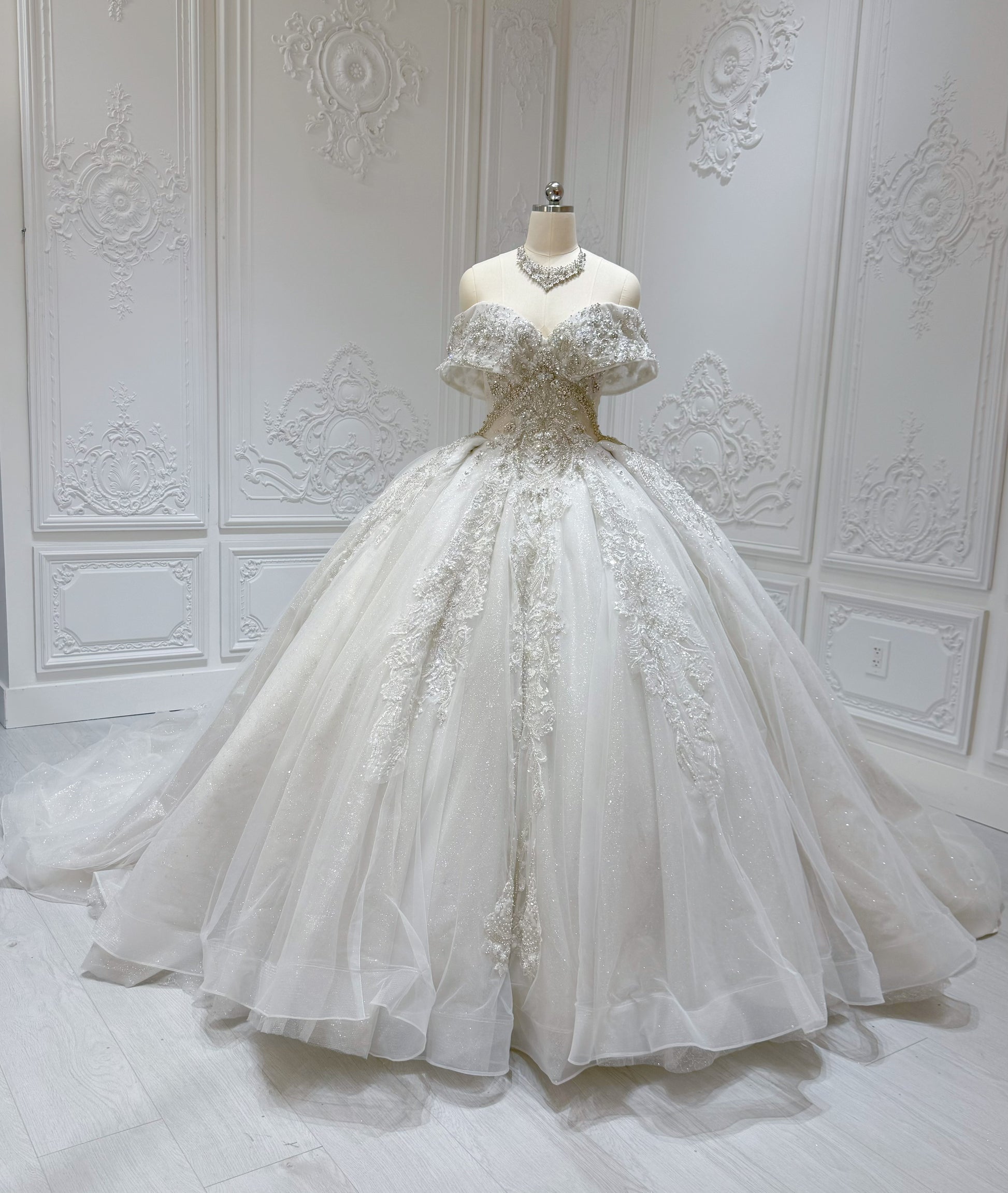 Stock Sale! Size 6! Luxury crystal beading sparkling off the shoulder princess ballgown royal wedding dress - Ting's Bridal Collection