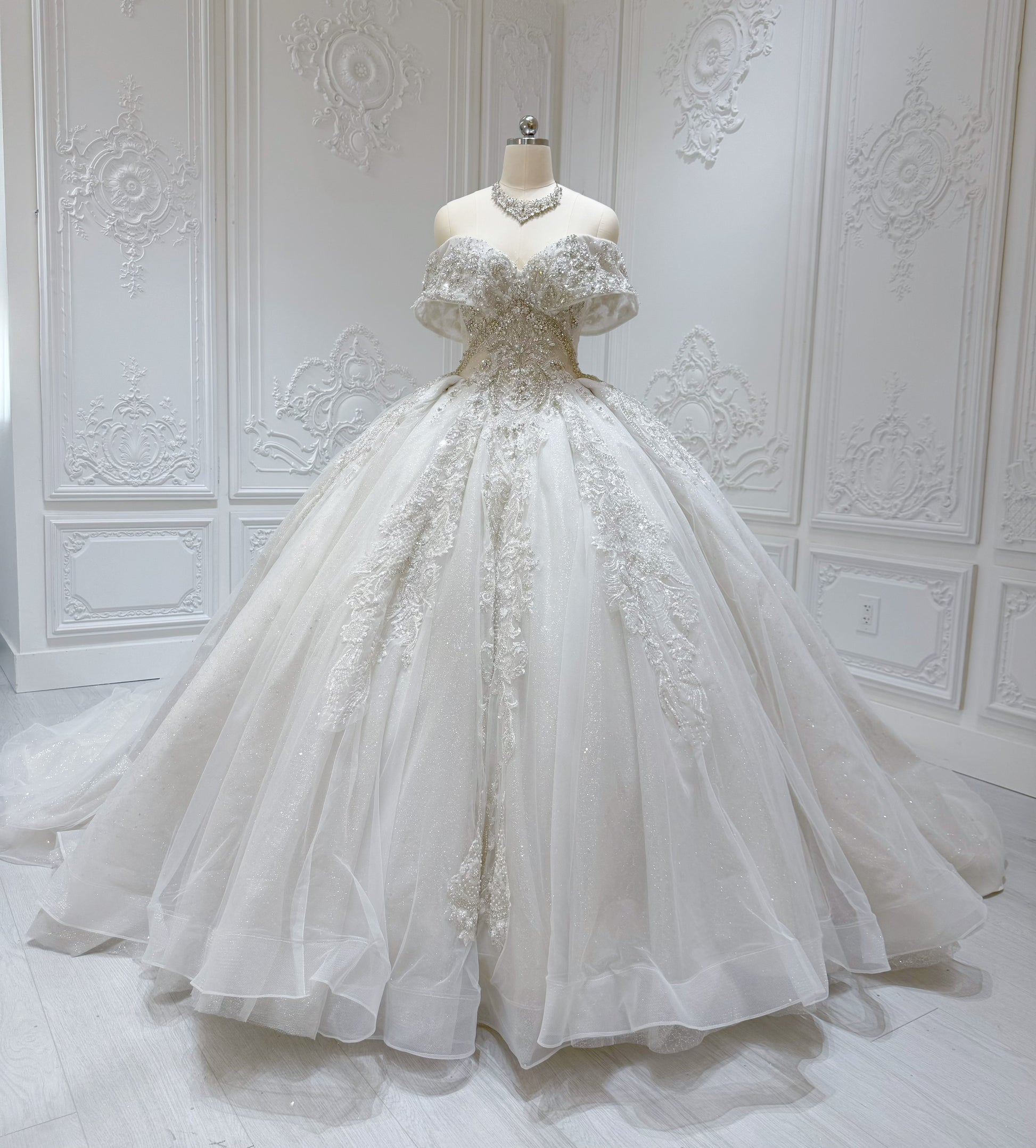 Stock Sale! Size 6! Luxury crystal beading sparkling off the shoulder princess ballgown royal wedding dress - Ting's Bridal Collection