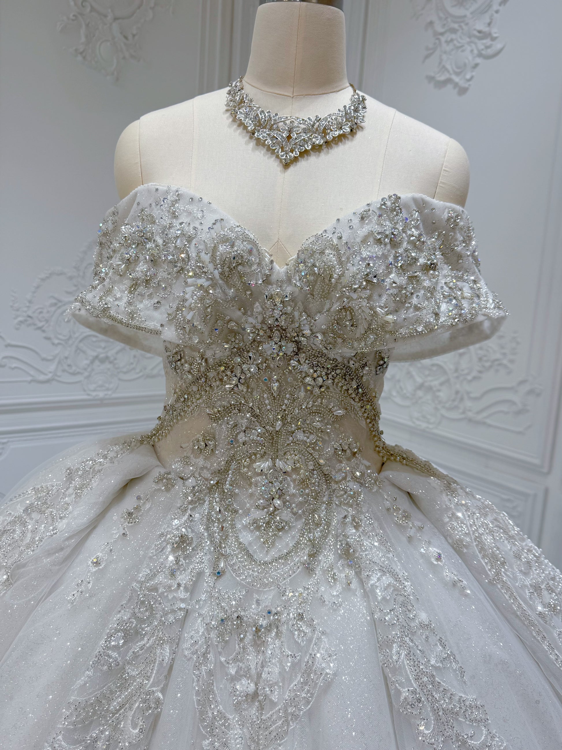 Stock Sale! Size 6! Luxury crystal beading sparkling off the shoulder princess ballgown royal wedding dress - Ting's Bridal Collection