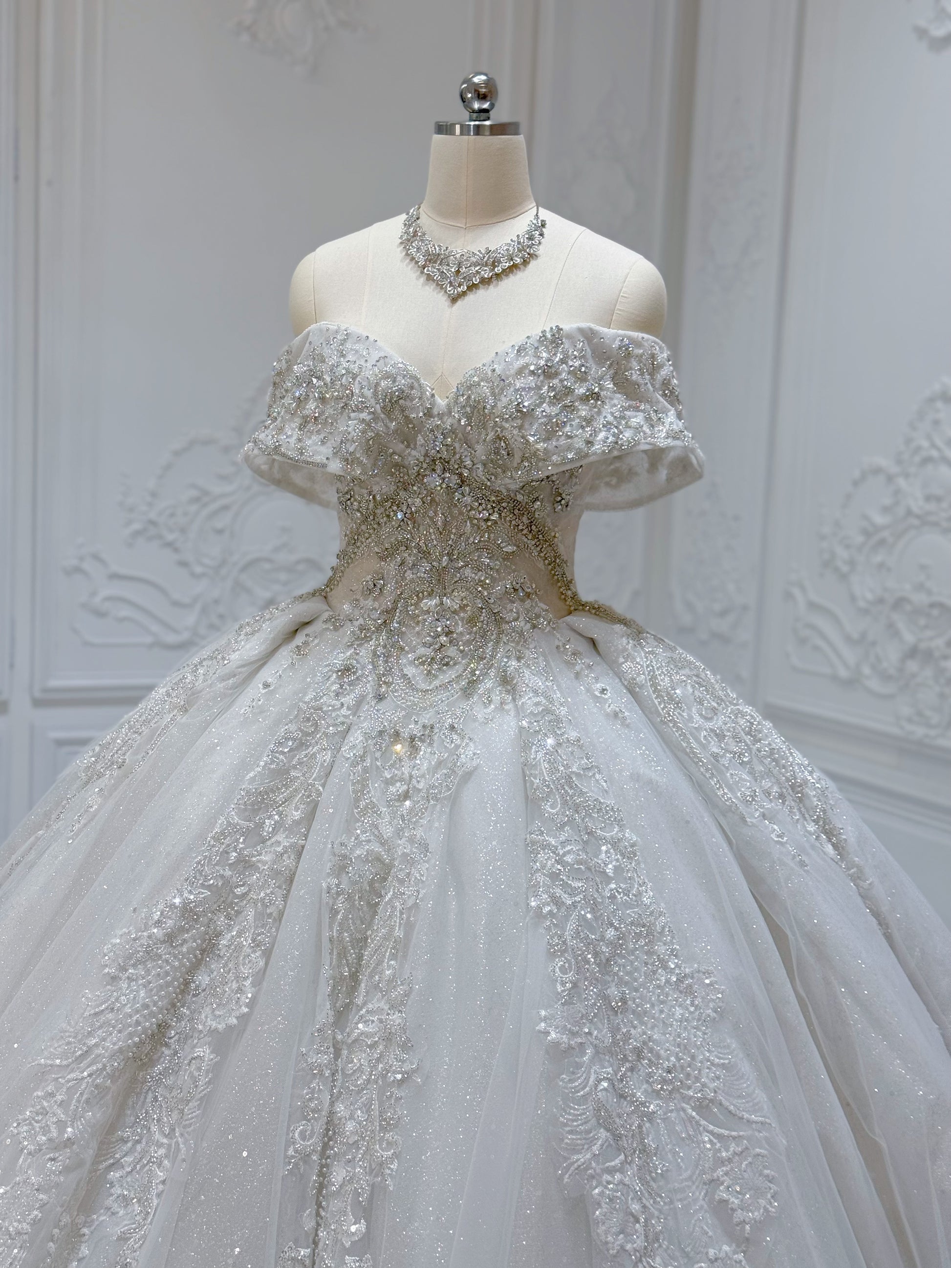 Stock Sale! Size 6! Luxury crystal beading sparkling off the shoulder princess ballgown royal wedding dress - Ting's Bridal Collection