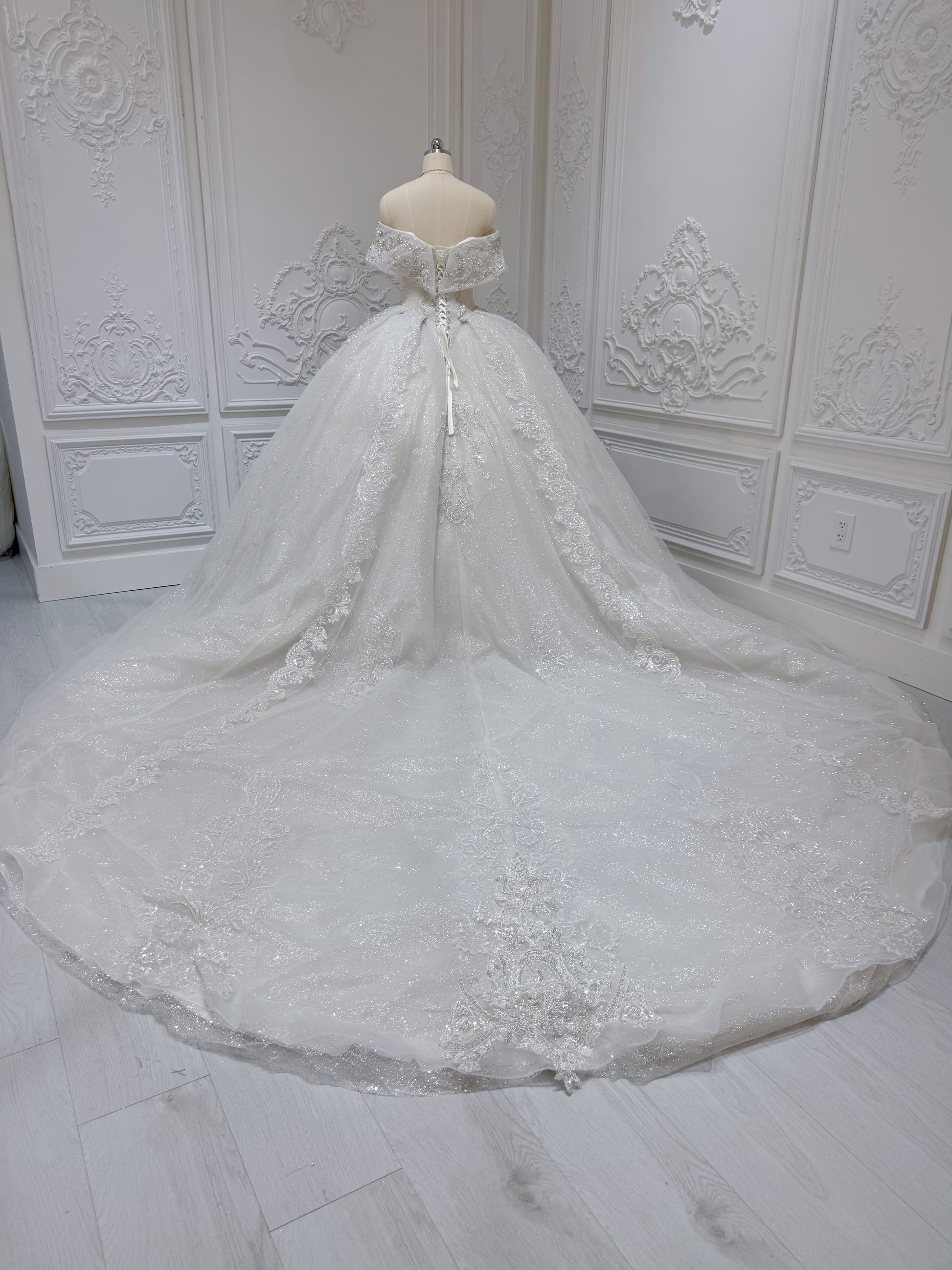 Stock Sale! Size 6! Luxury crystal beading sparkling off the shoulder princess ballgown royal wedding dress - Ting's Bridal Collection