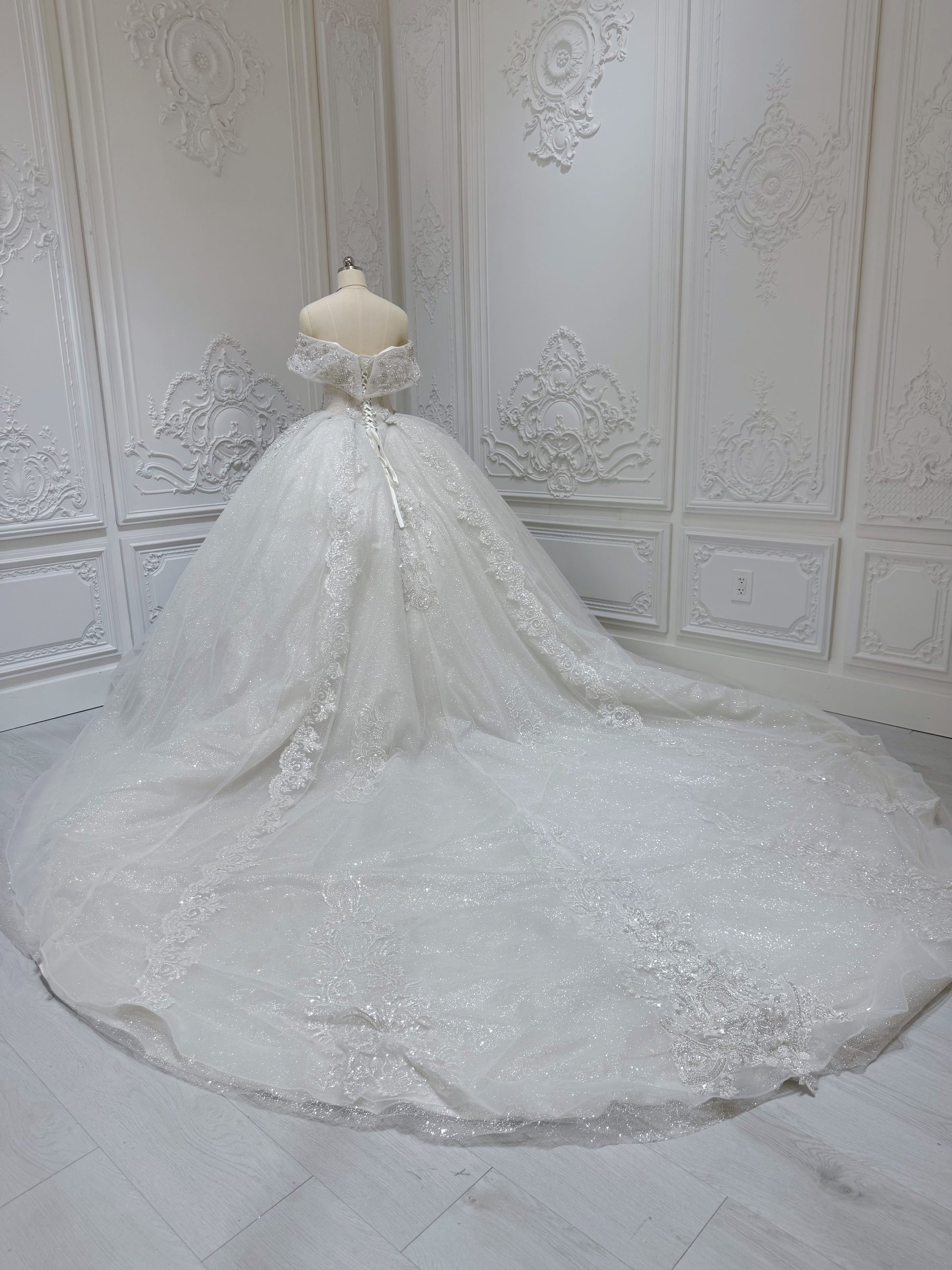 Stock Sale! Size 6! Luxury crystal beading sparkling off the shoulder princess ballgown royal wedding dress - Ting's Bridal Collection