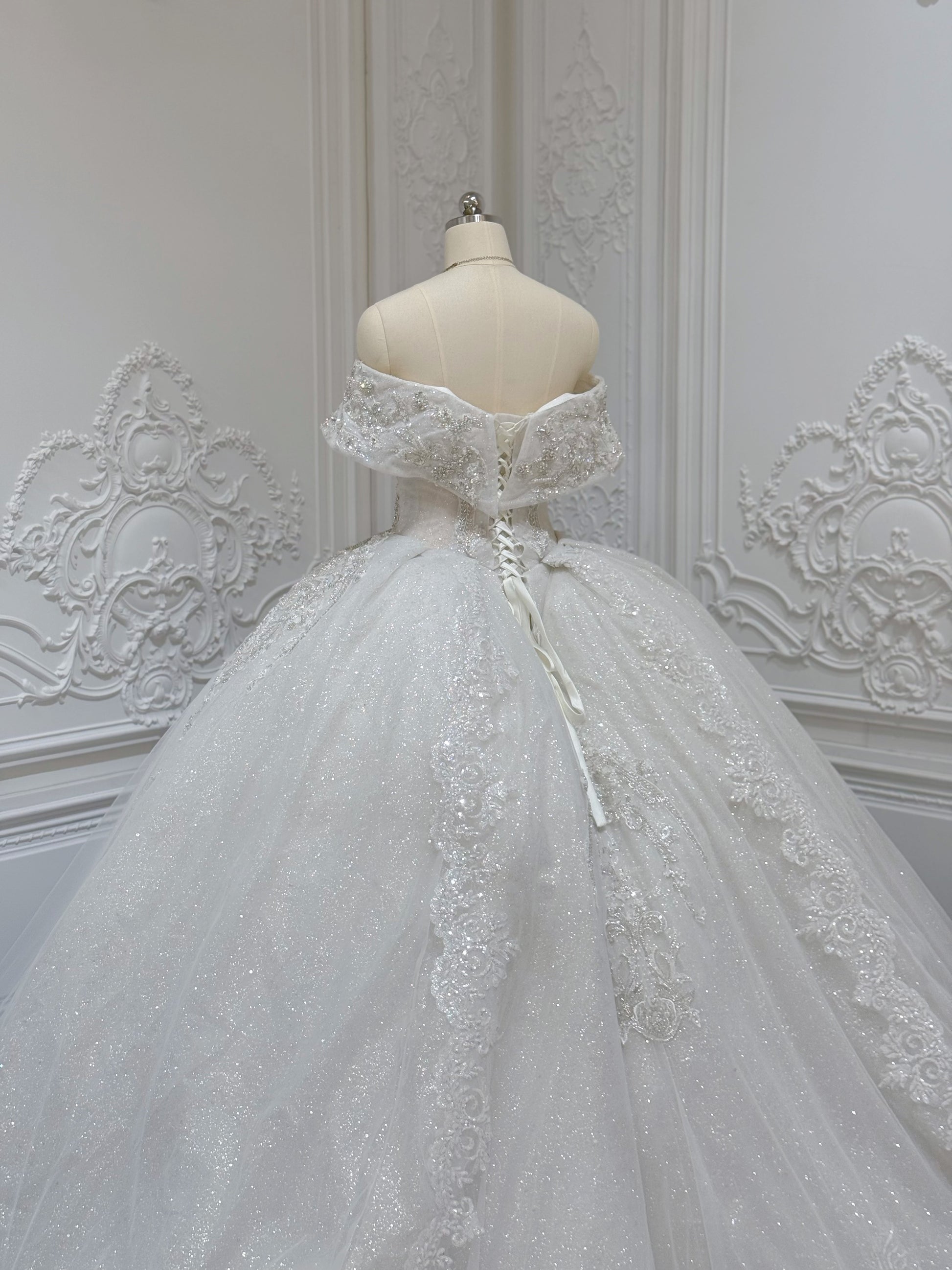 Stock Sale! Size 6! Luxury crystal beading sparkling off the shoulder princess ballgown royal wedding dress - Ting's Bridal Collection