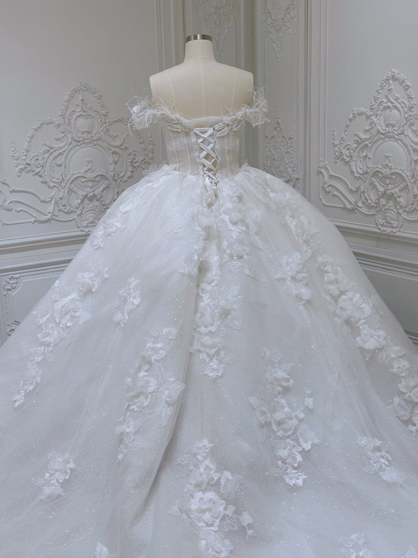 Stock of White 3D floral princess ballgown fairy wedding dress