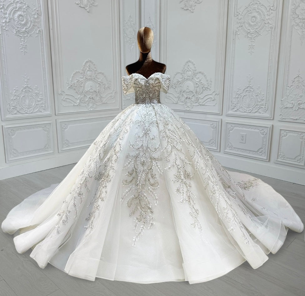 TBC-CM013 Made to order beading 3D lace embroidered off the shoulder princess ballgown fairy wedding dress