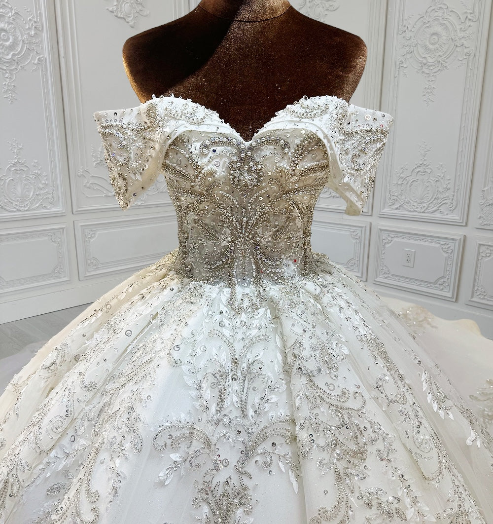 TBC-CM013 Made to order beading 3D lace embroidered off the shoulder princess ballgown fairy wedding dress