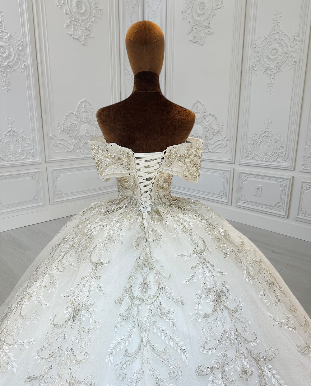 TBC-CM013 Made to order beading 3D lace embroidered off the shoulder princess ballgown fairy wedding dress