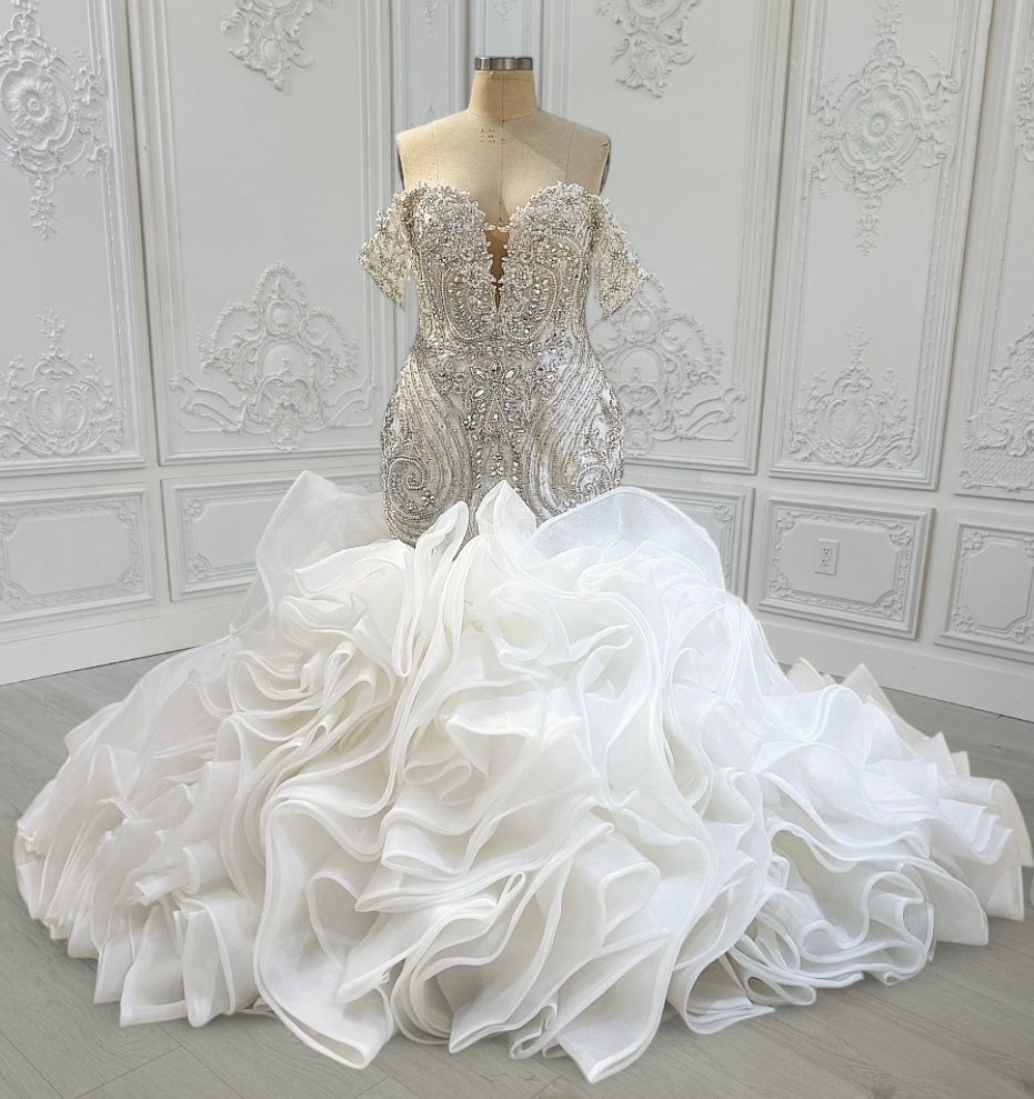 TBC-CM14 Custom-made luxury crystal beaded sparkling off the shoulder mermaid wedding dress with ruffles skirt
